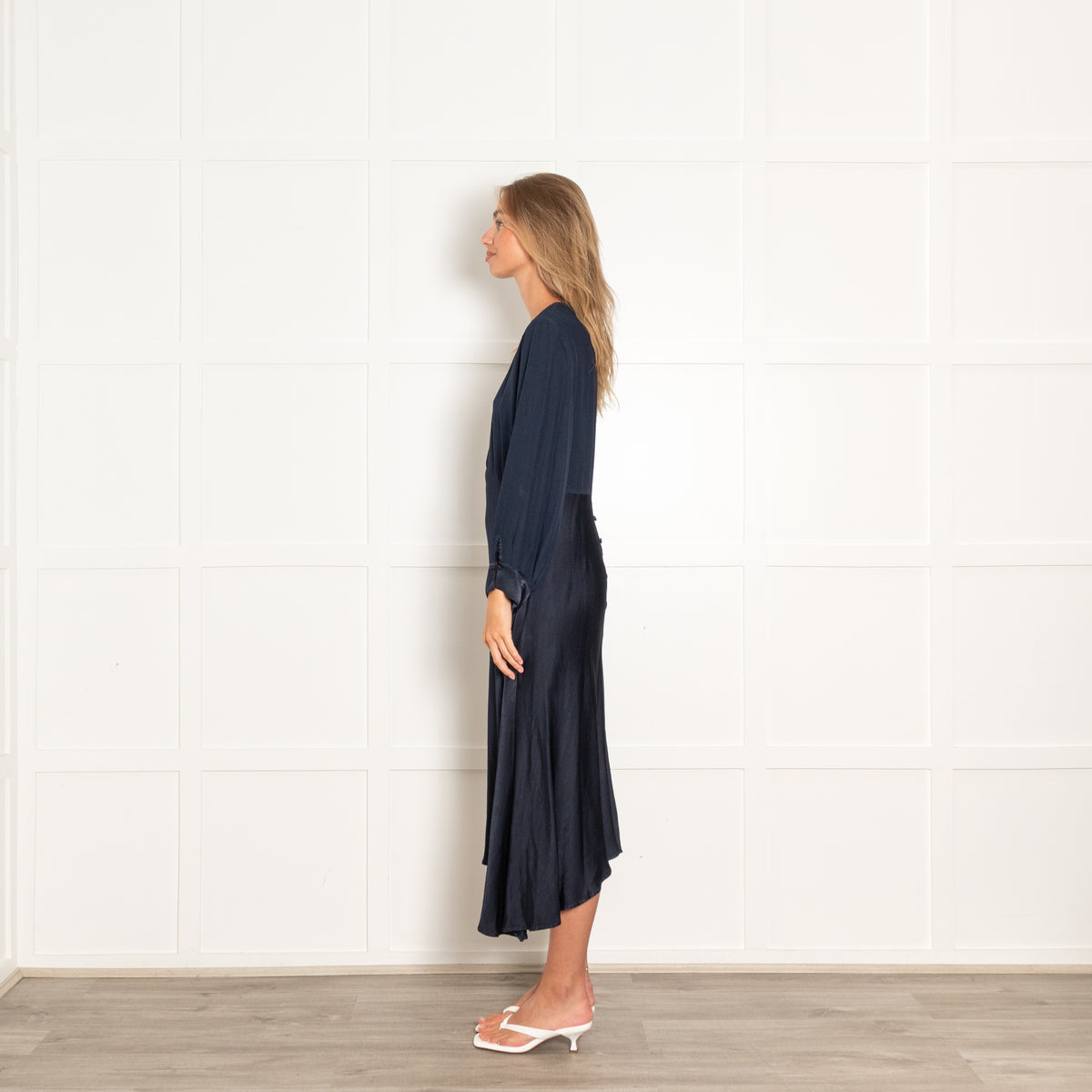 Ghost Navy Draped Midi Dress