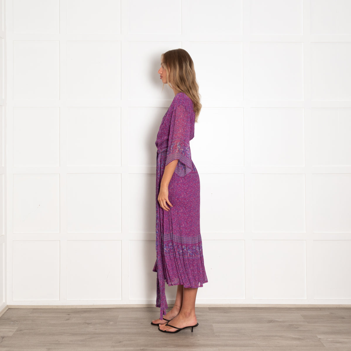 Ba&sh Purple Patterned Deep V Tie Waist Midi Dress