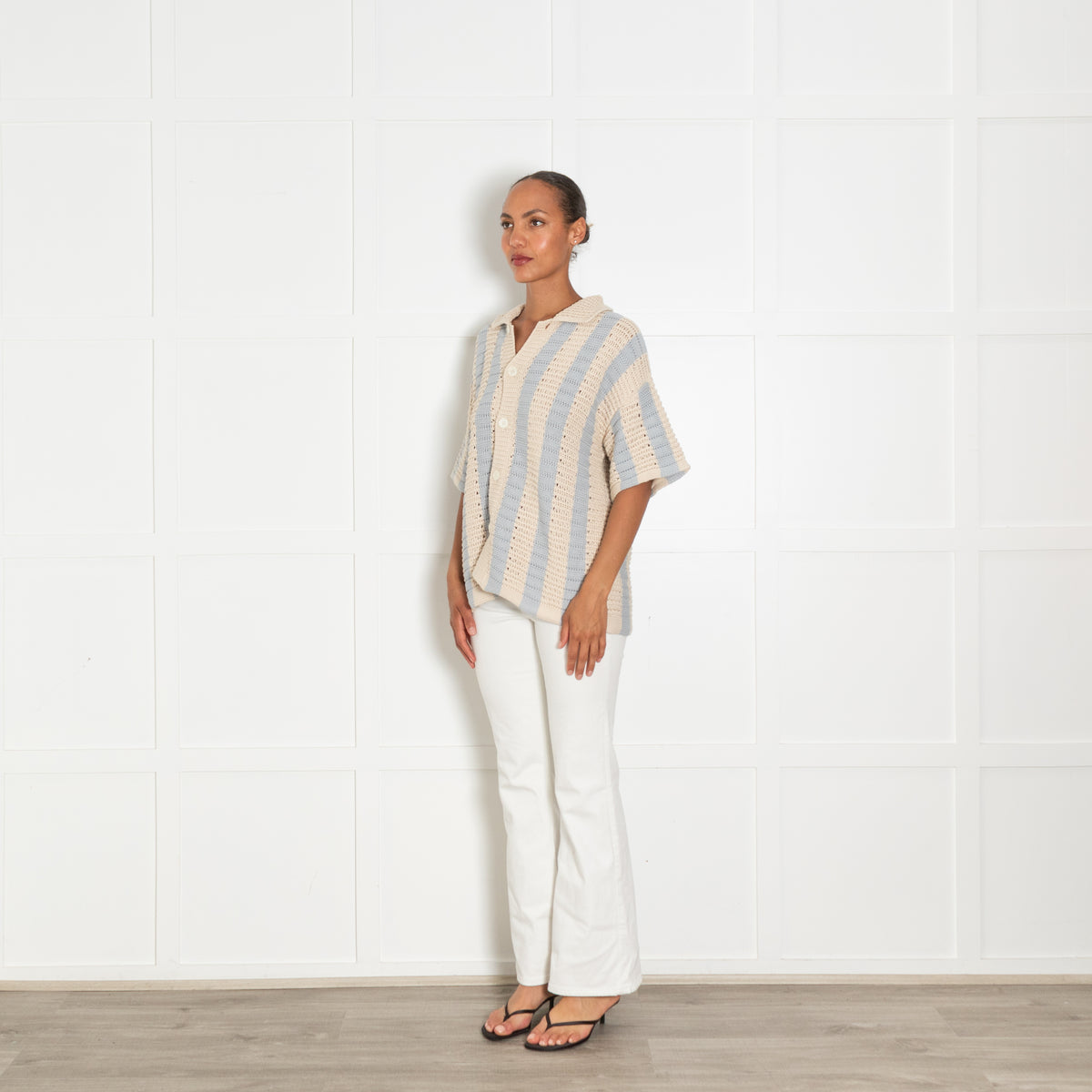 Orlebar Brown Light Beige Blue Stripes Cotton Oversized Cardigan