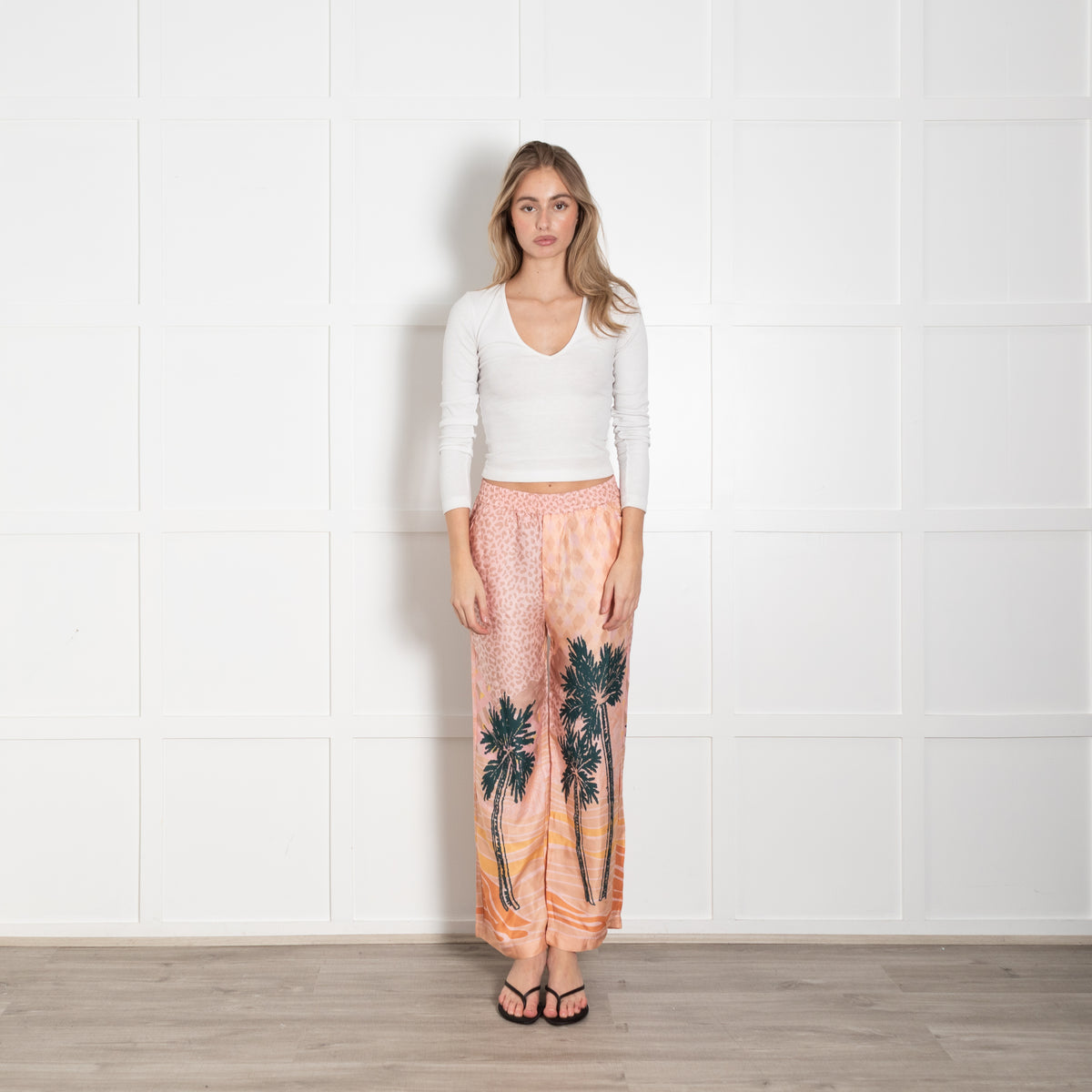 Me369 Peach Green Palm Tree Print Trousers