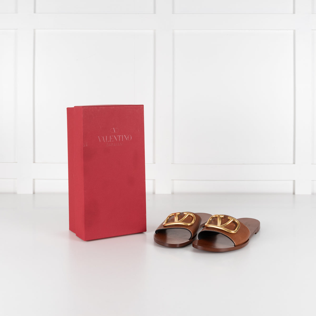 Valentino Garavani Tan V Logo Gold Slides