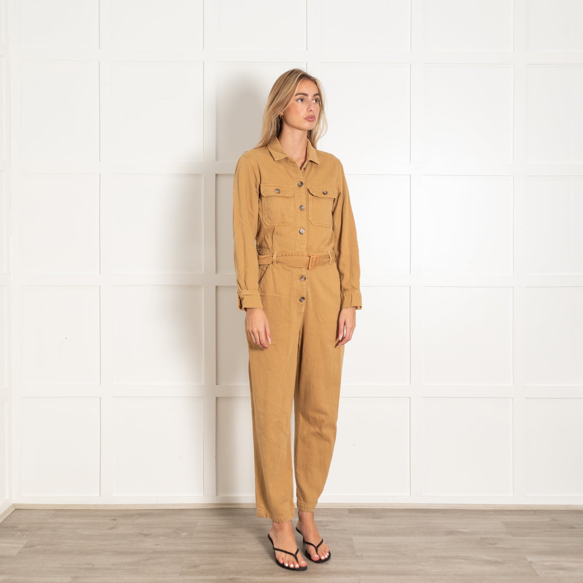 Reformation Jeans Tan Belted Denim Boiler Suit