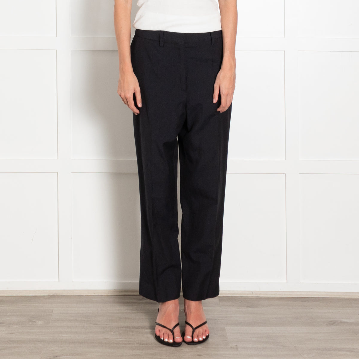 Margaret Howell Navy Straight Leg Wool Linen Blend Trousers