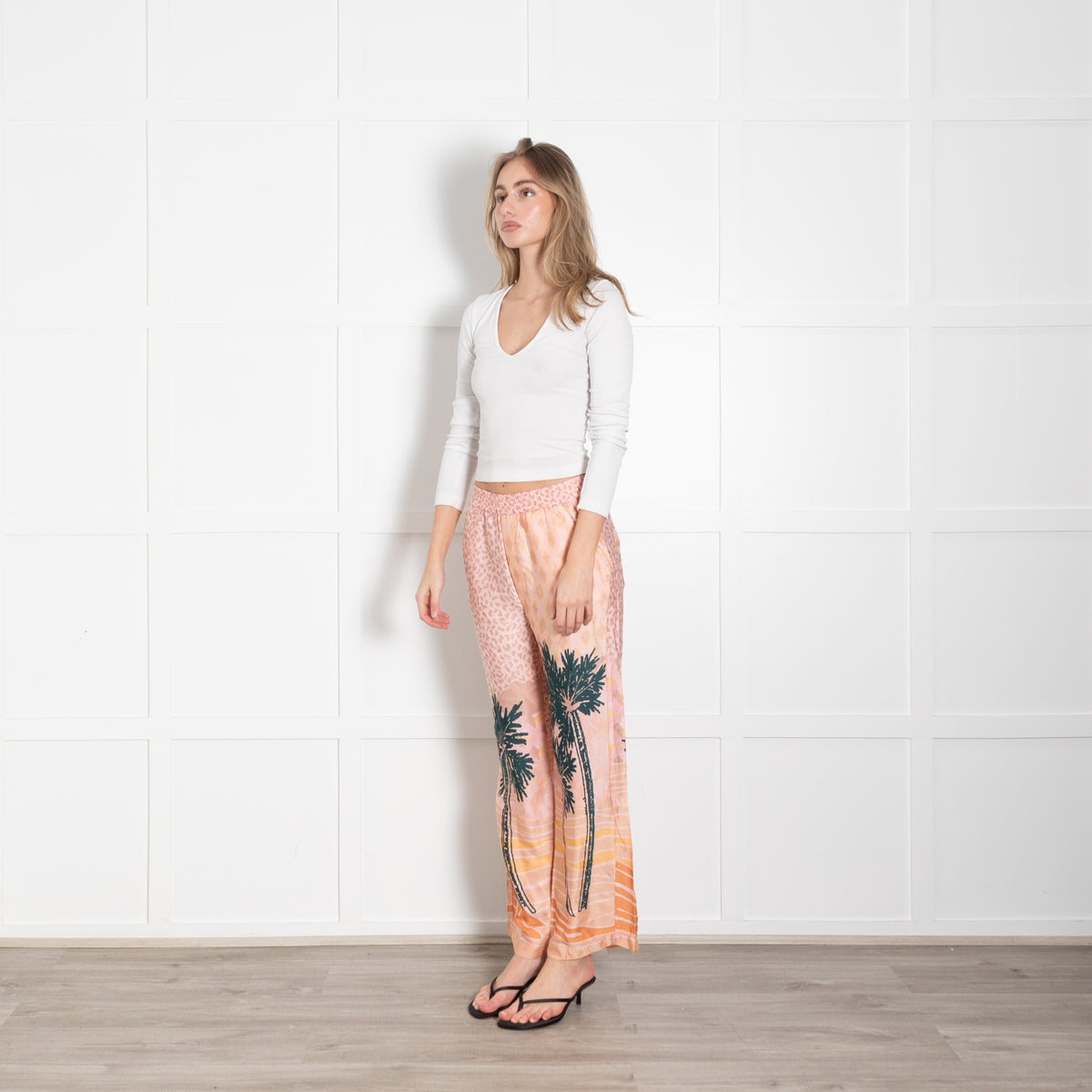 Me369 Peach Green Palm Tree Print Trousers