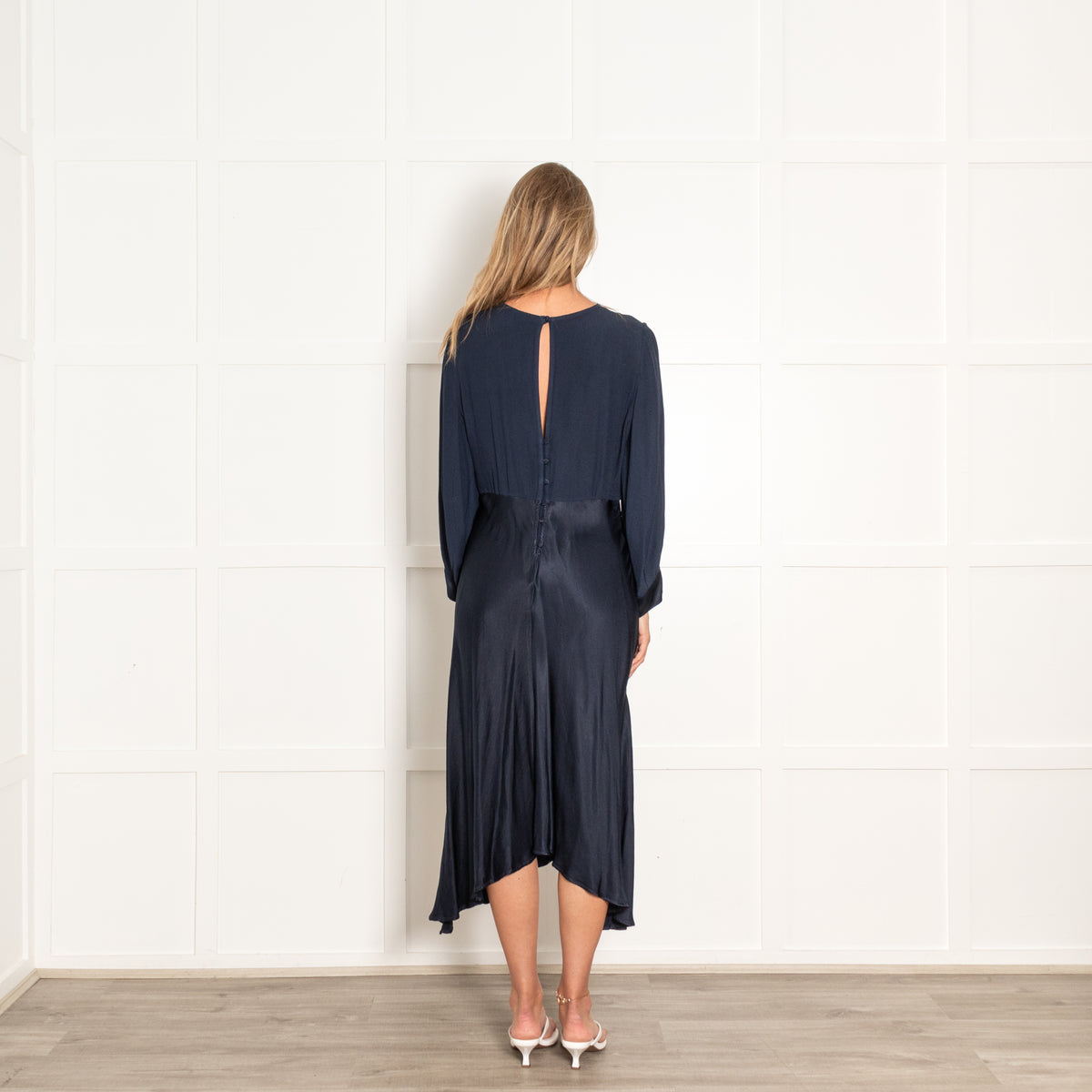 Ghost Navy Draped Midi Dress