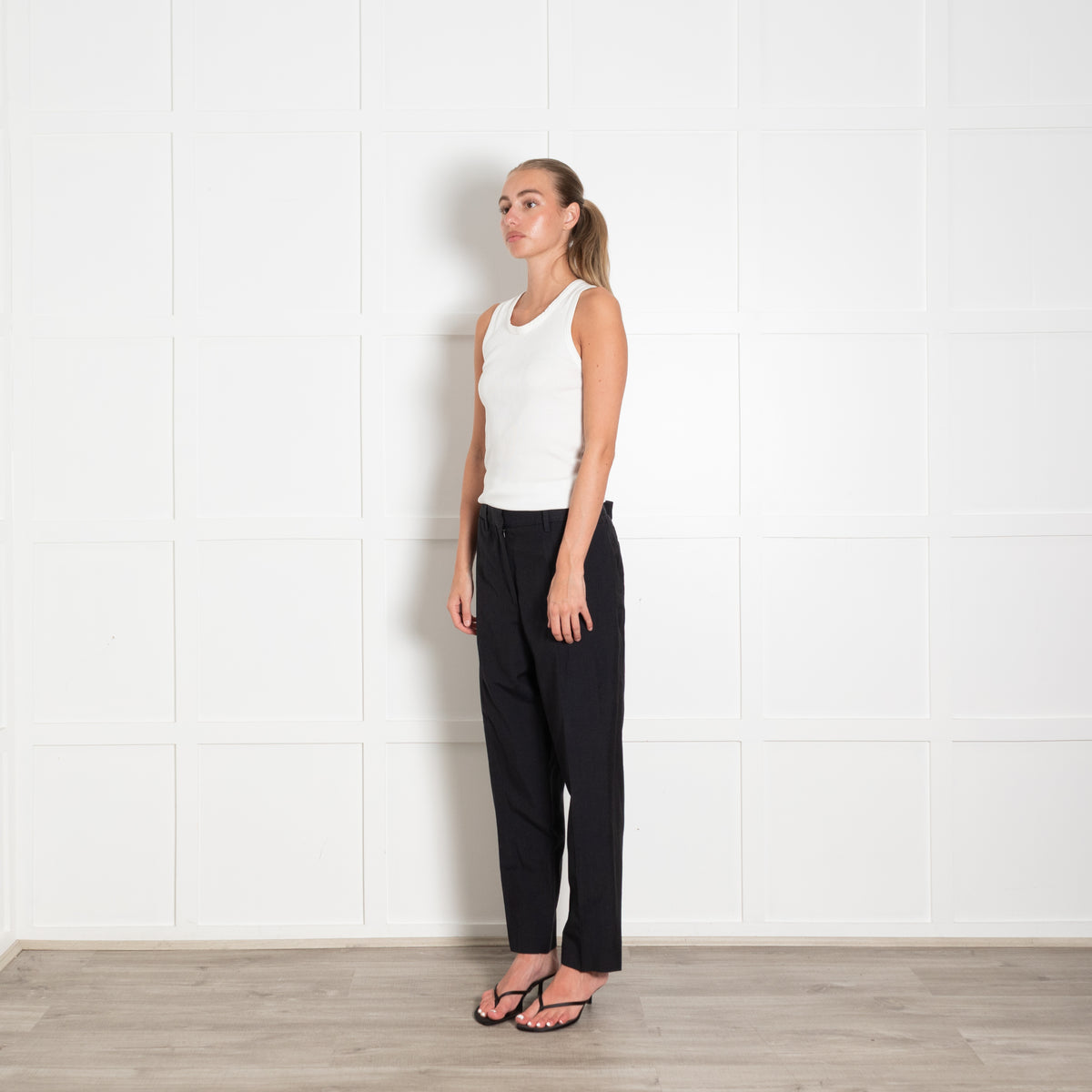 Margaret Howell Navy Straight Leg Wool Linen Blend Trousers
