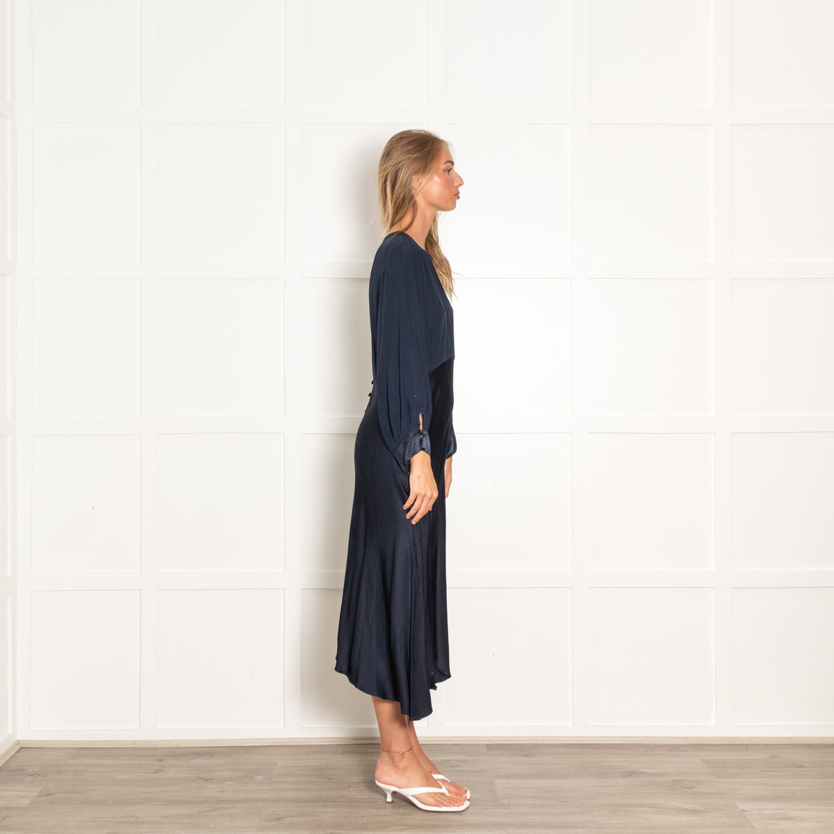 Ghost Navy Draped Midi Dress