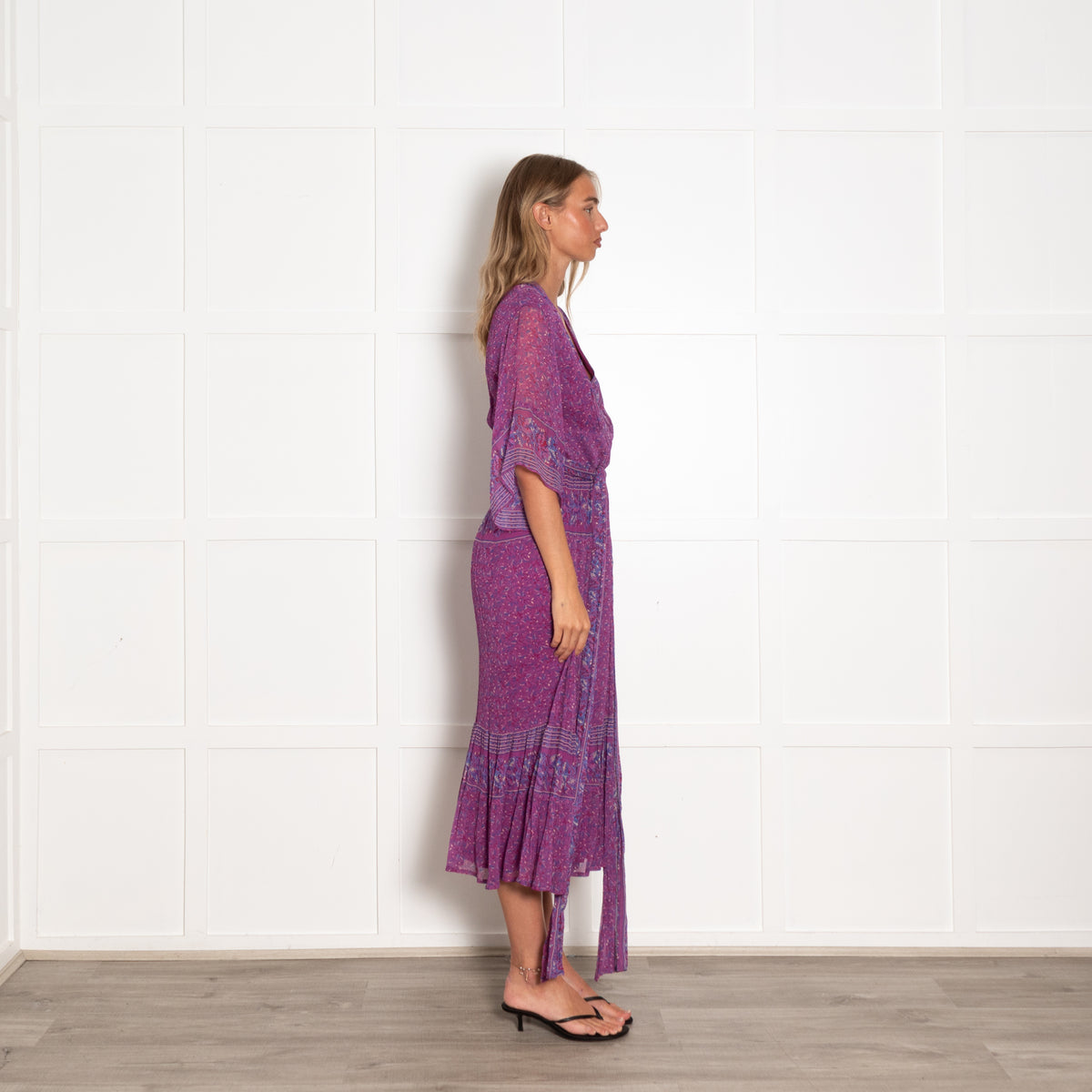 Ba&sh Purple Patterned Deep V Tie Waist Midi Dress