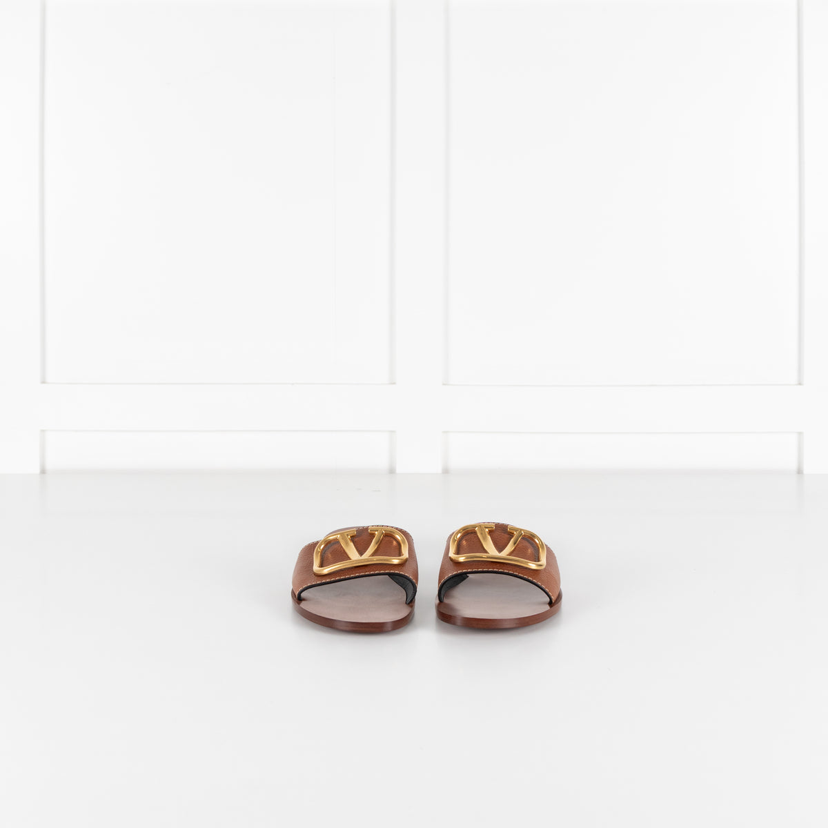 Valentino Garavani Tan V Logo Gold Slides