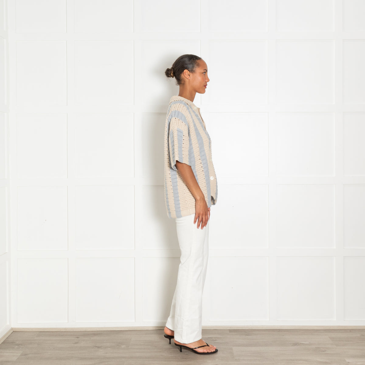 Orlebar Brown Light Beige Blue Stripes Cotton Oversized Cardigan