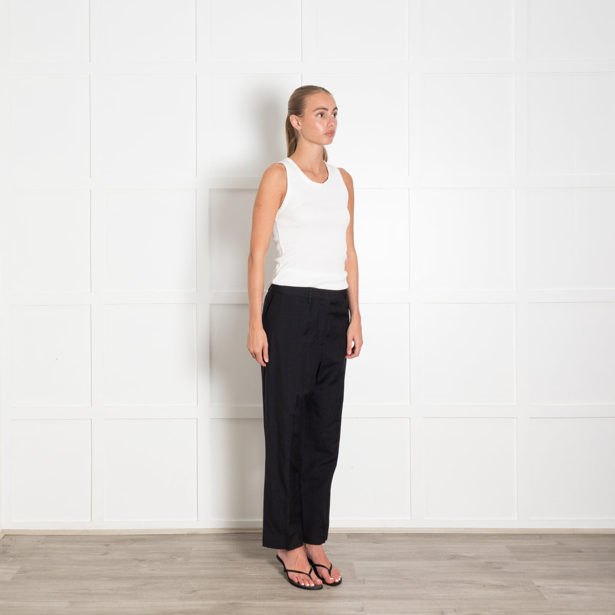 Margaret Howell Navy Straight Leg Wool Linen Blend Trousers