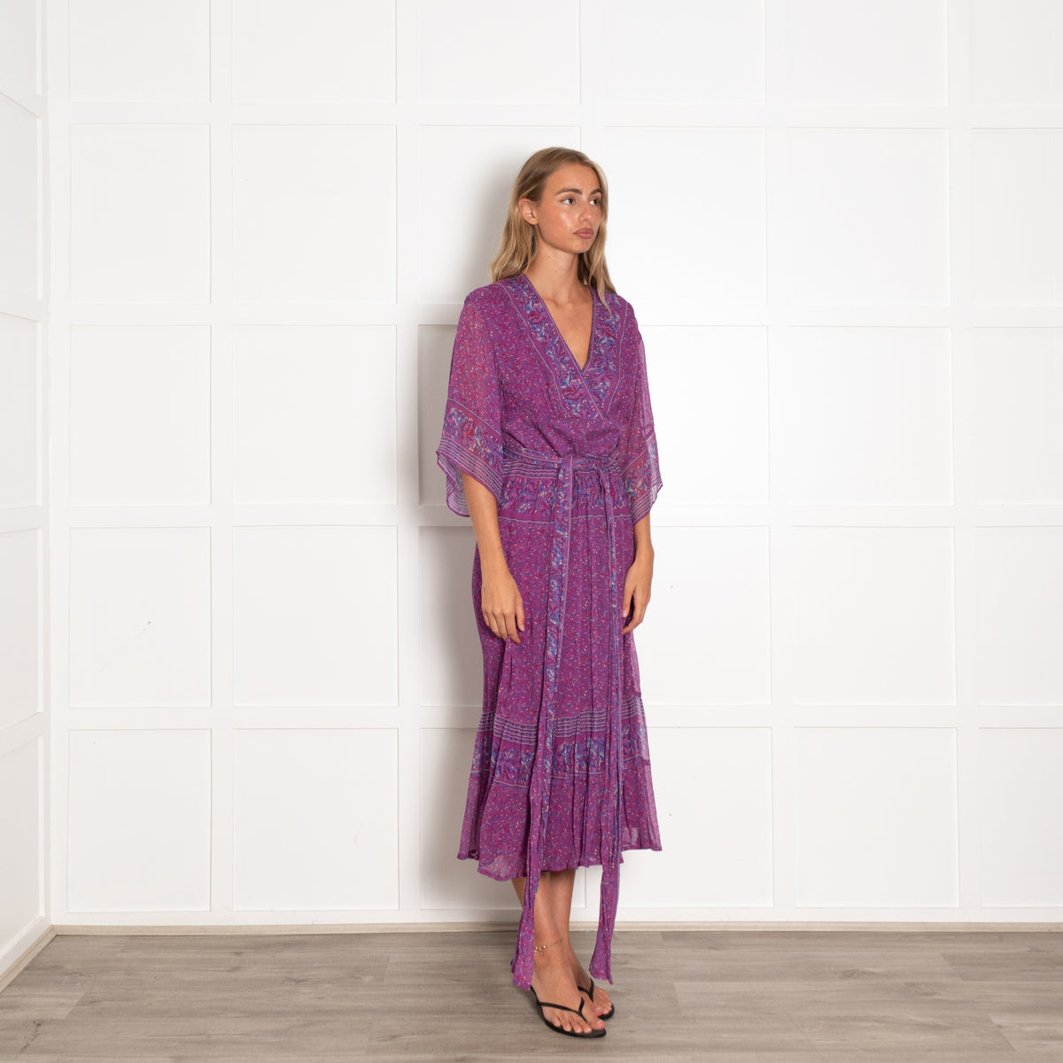 Ba&sh Purple Patterned Deep V Tie Waist Midi Dress