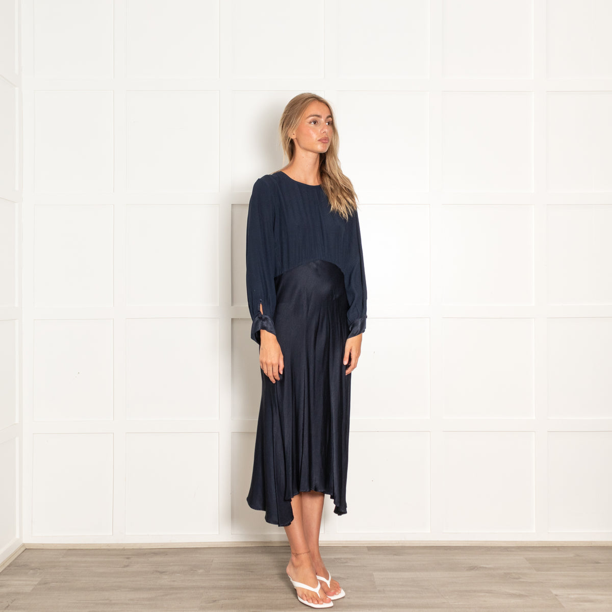 Ghost Navy Draped Midi Dress