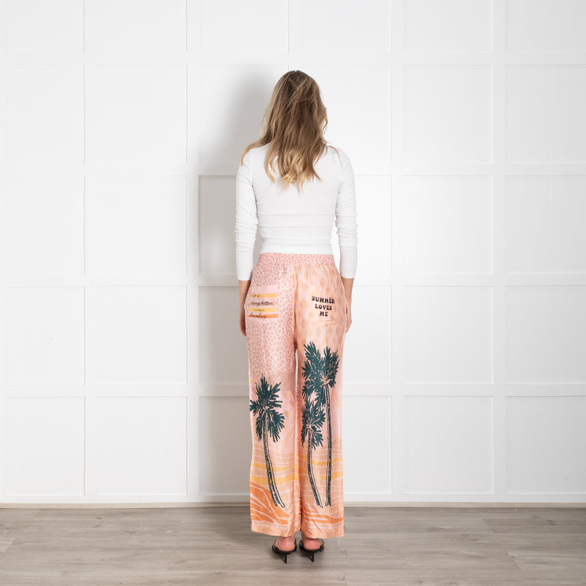 Me369 Peach Green Palm Tree Print Trousers