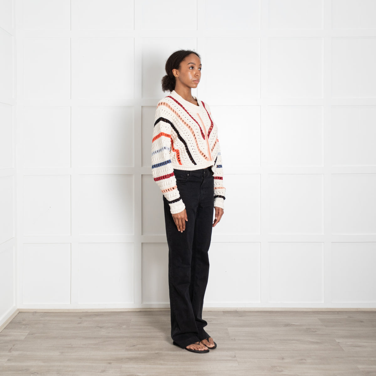 Ba & Sh Cream Multi Chevron Stripe Crochet Knit Bag Wing Jumper