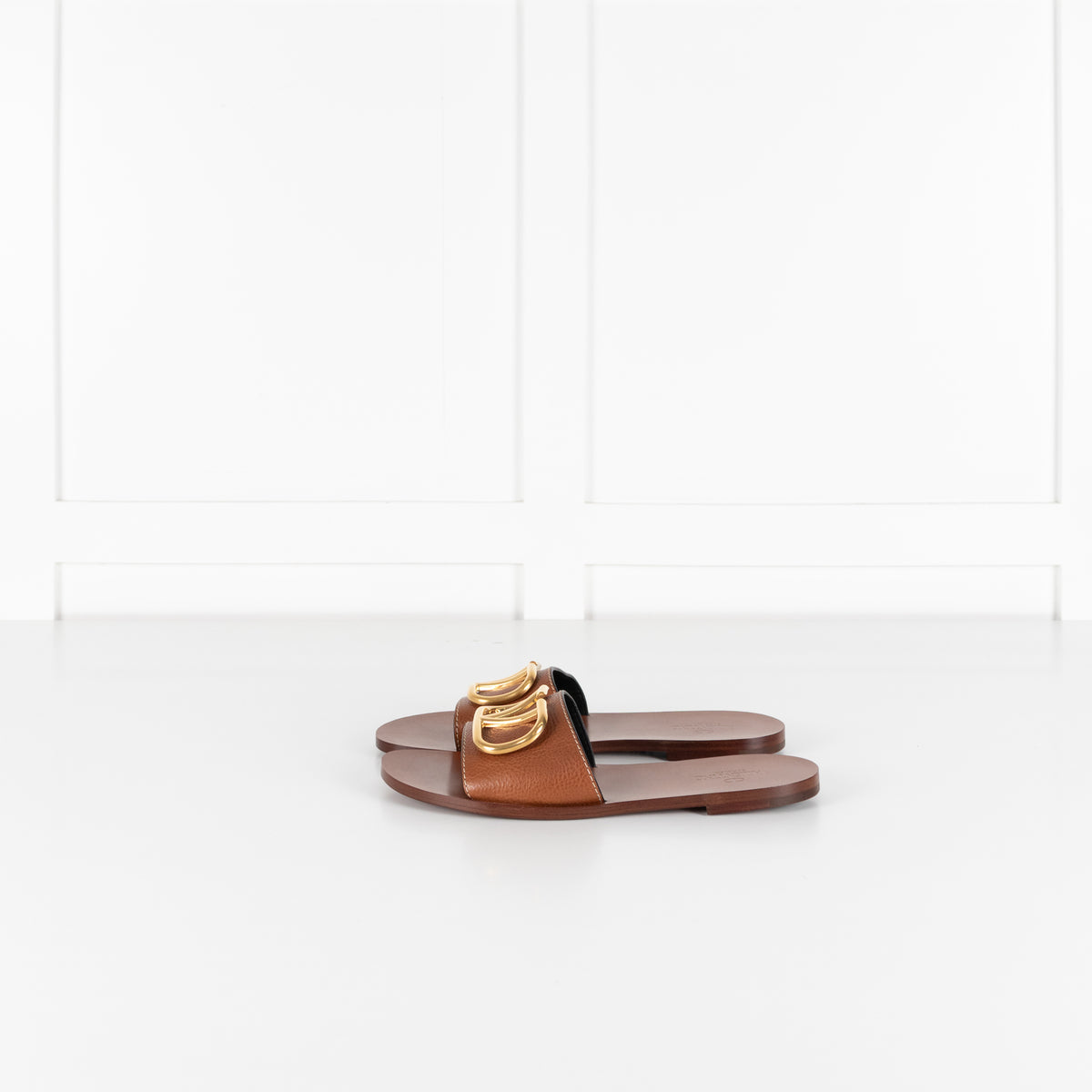 Valentino Garavani Tan V Logo Gold Slides