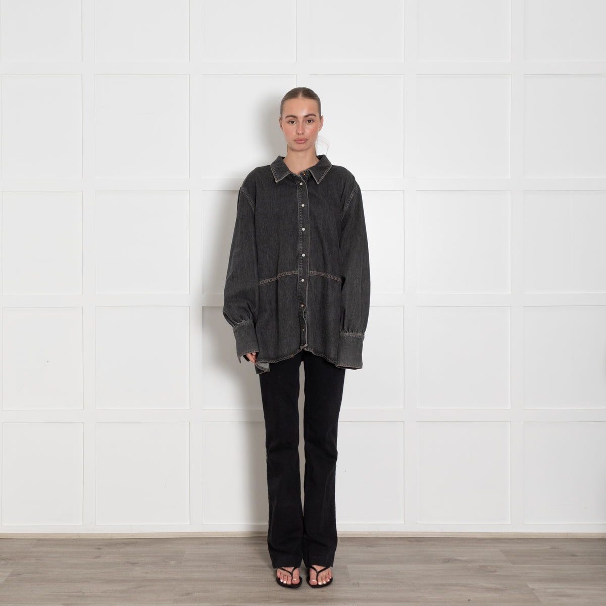 Ganni Grey Oversized Shirt With Pearl Buttons