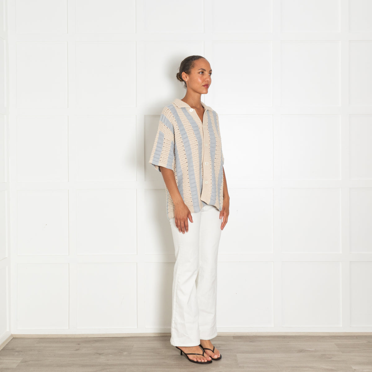 Orlebar Brown Light Beige Blue Stripes Cotton Oversized Cardigan