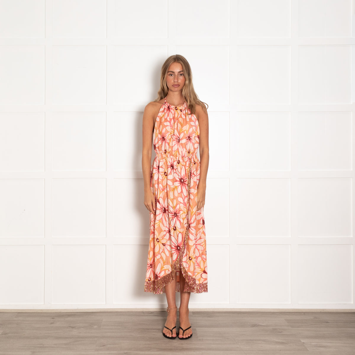 Sundress Pink Large Flower Print Linen Halter Dress with Beaded Tassels