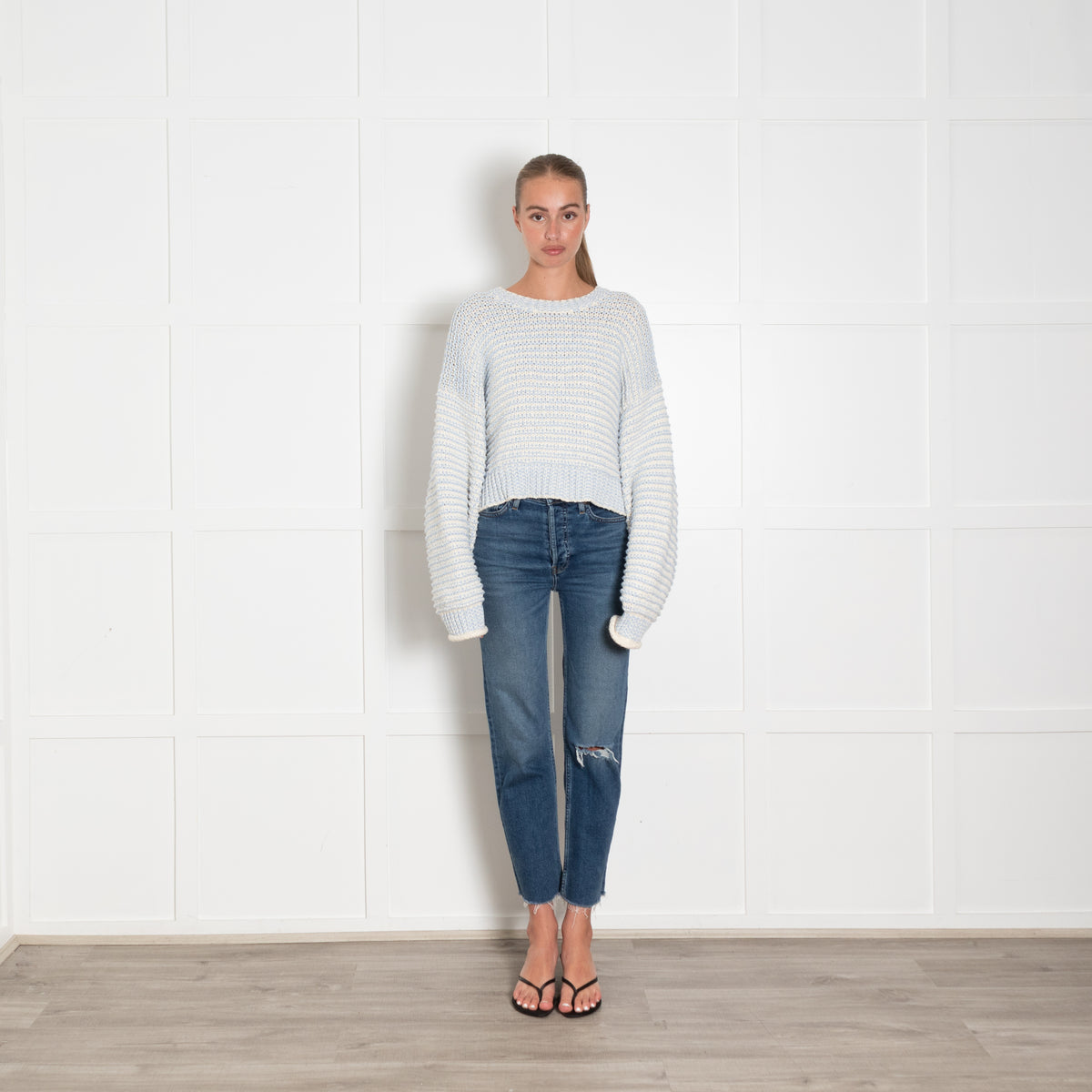 LoveShackFancy Blue & White Chunky Knit Cotton Cropped Jumper