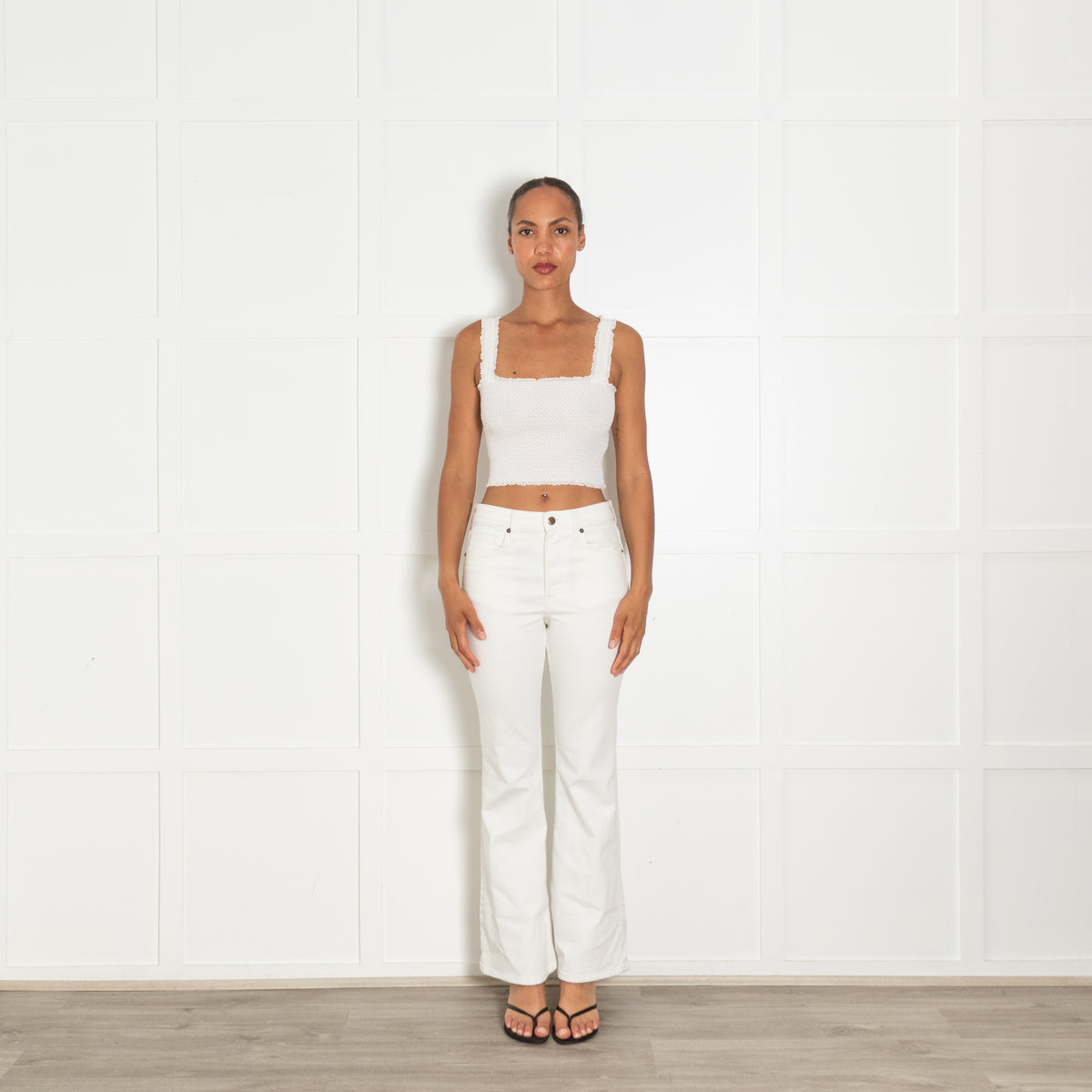 Alice + Olivia White Shirred Cropped Square Top With Zip