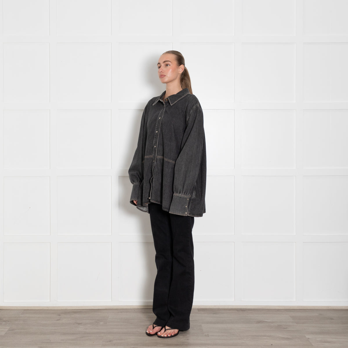 Ganni Grey Oversized Shirt With Pearl Buttons