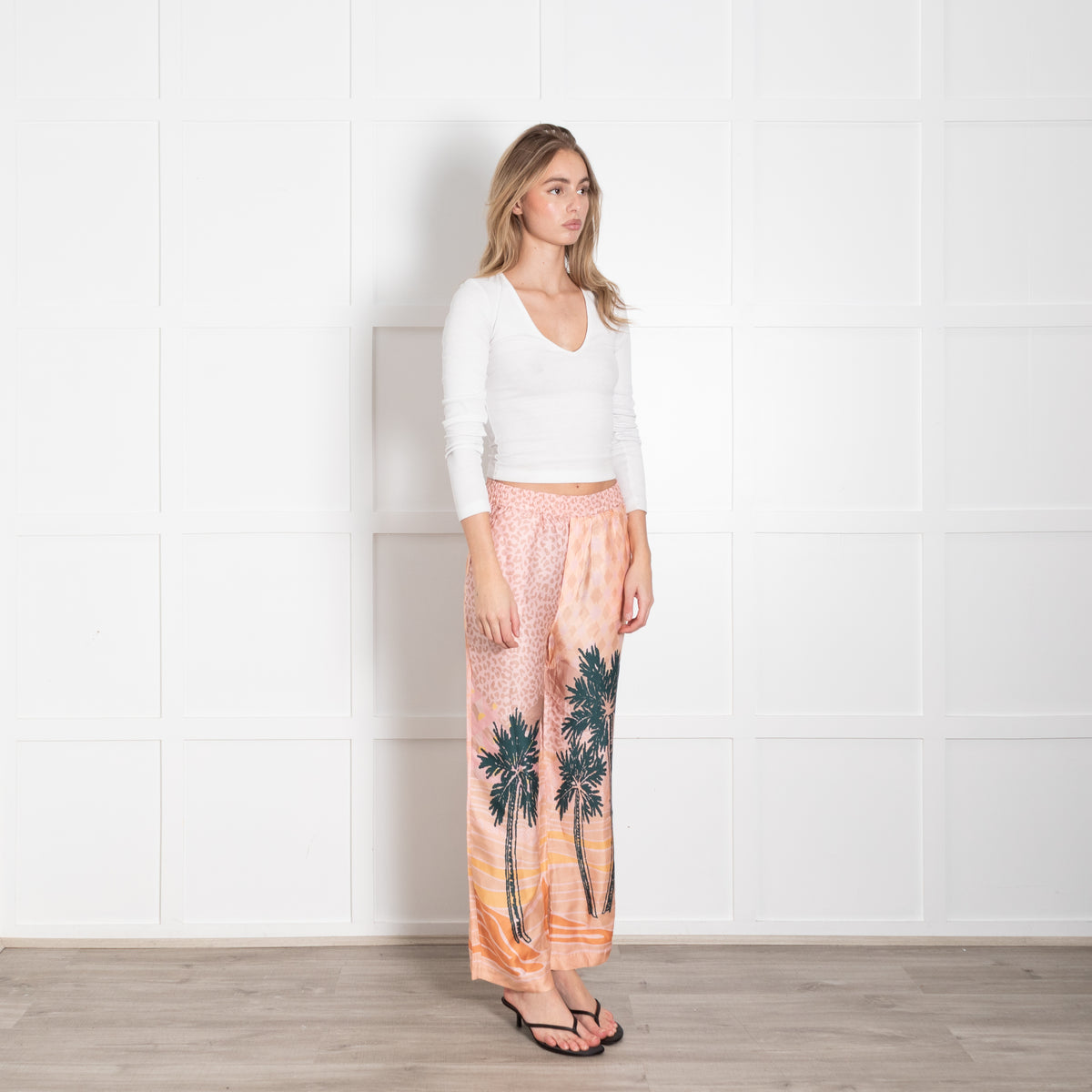 Me369 Peach Green Palm Tree Print Trousers