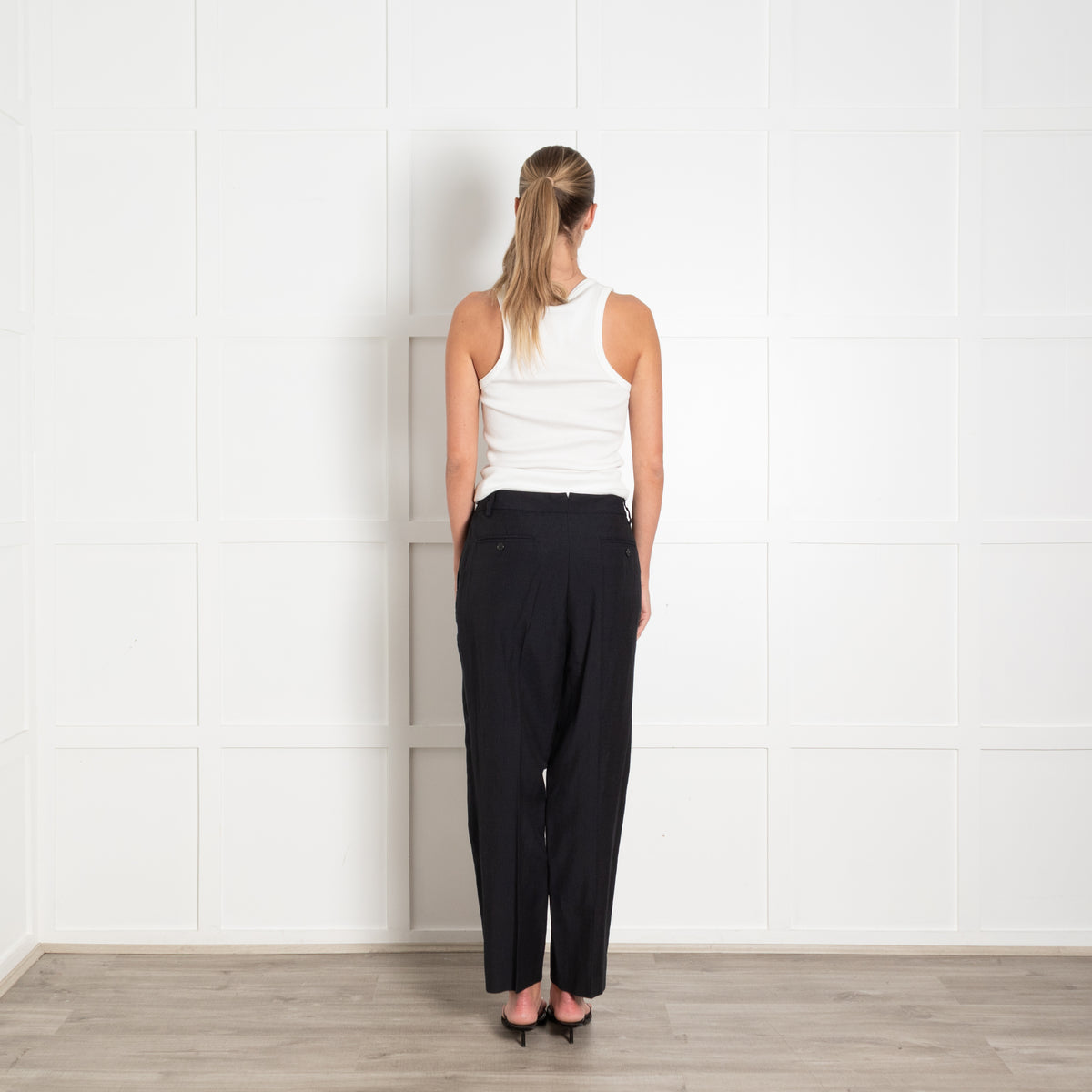 Margaret Howell Navy Straight Leg Wool Linen Blend Trousers