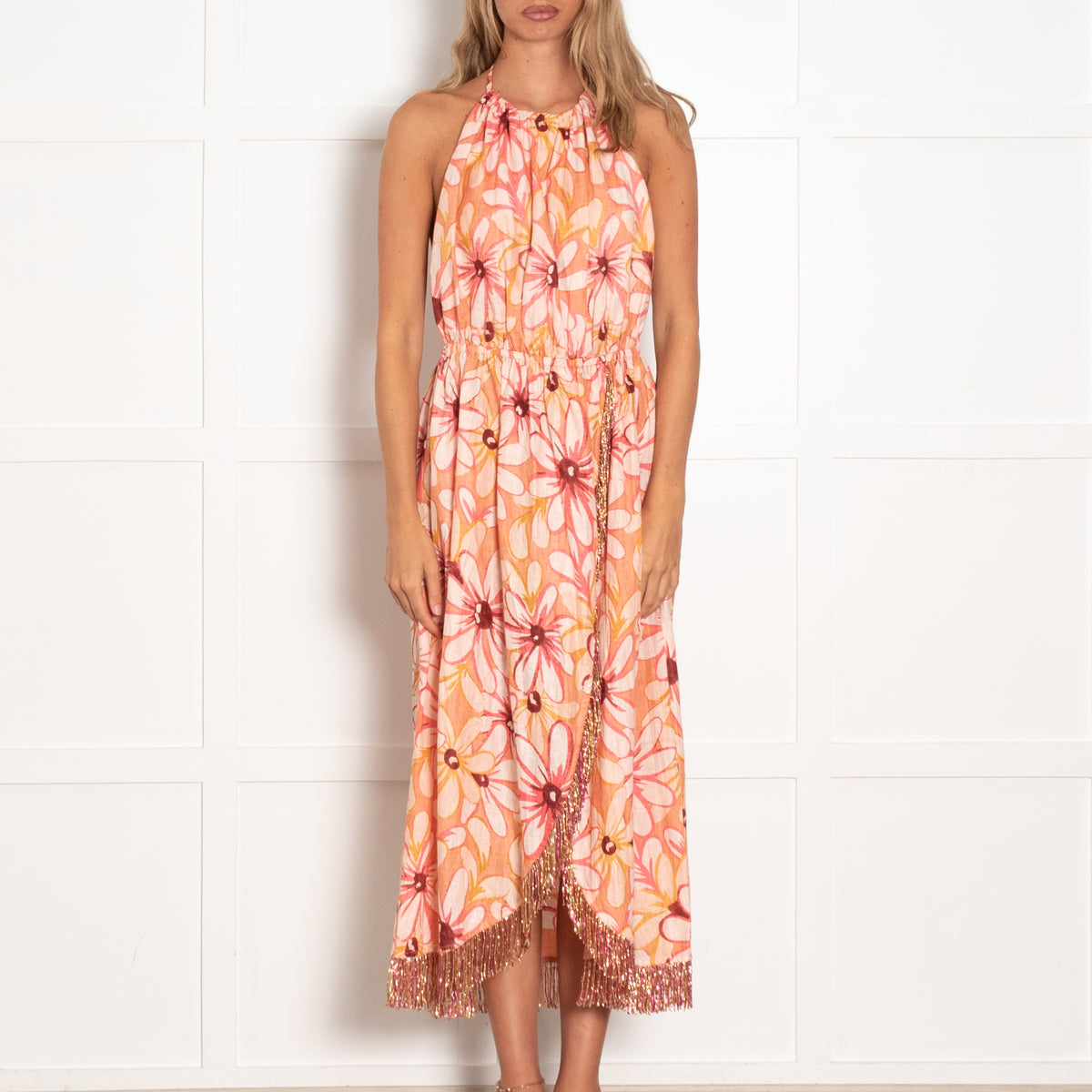 Sundress Pink Large Flower Print Linen Halter Dress with Beaded Tassels