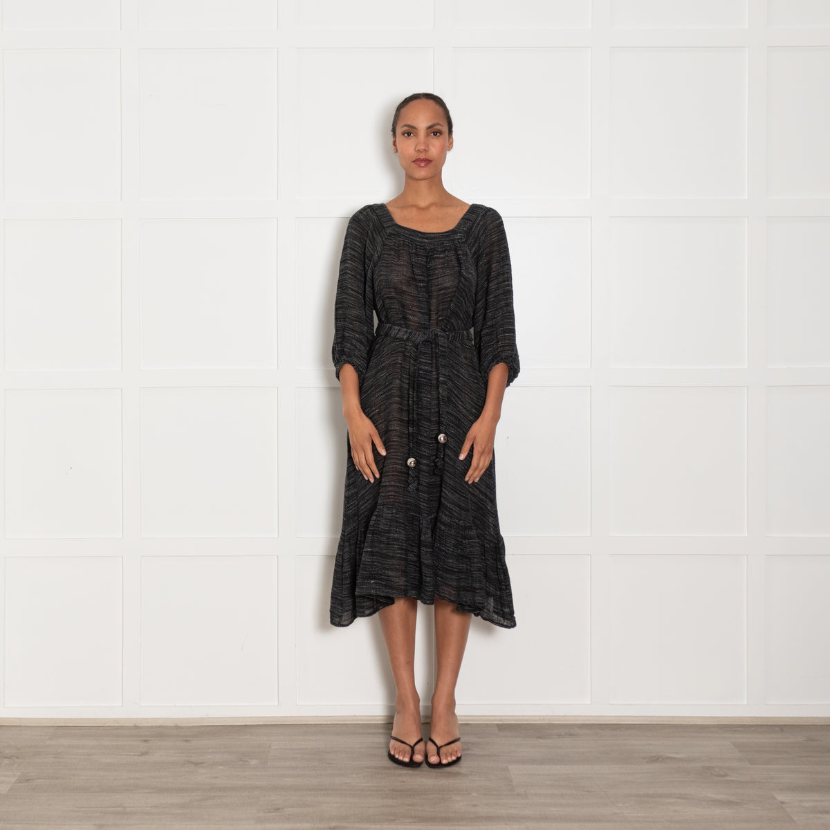 Lisa Marie Fernandez Black White Open Weave Linen Midi Dress