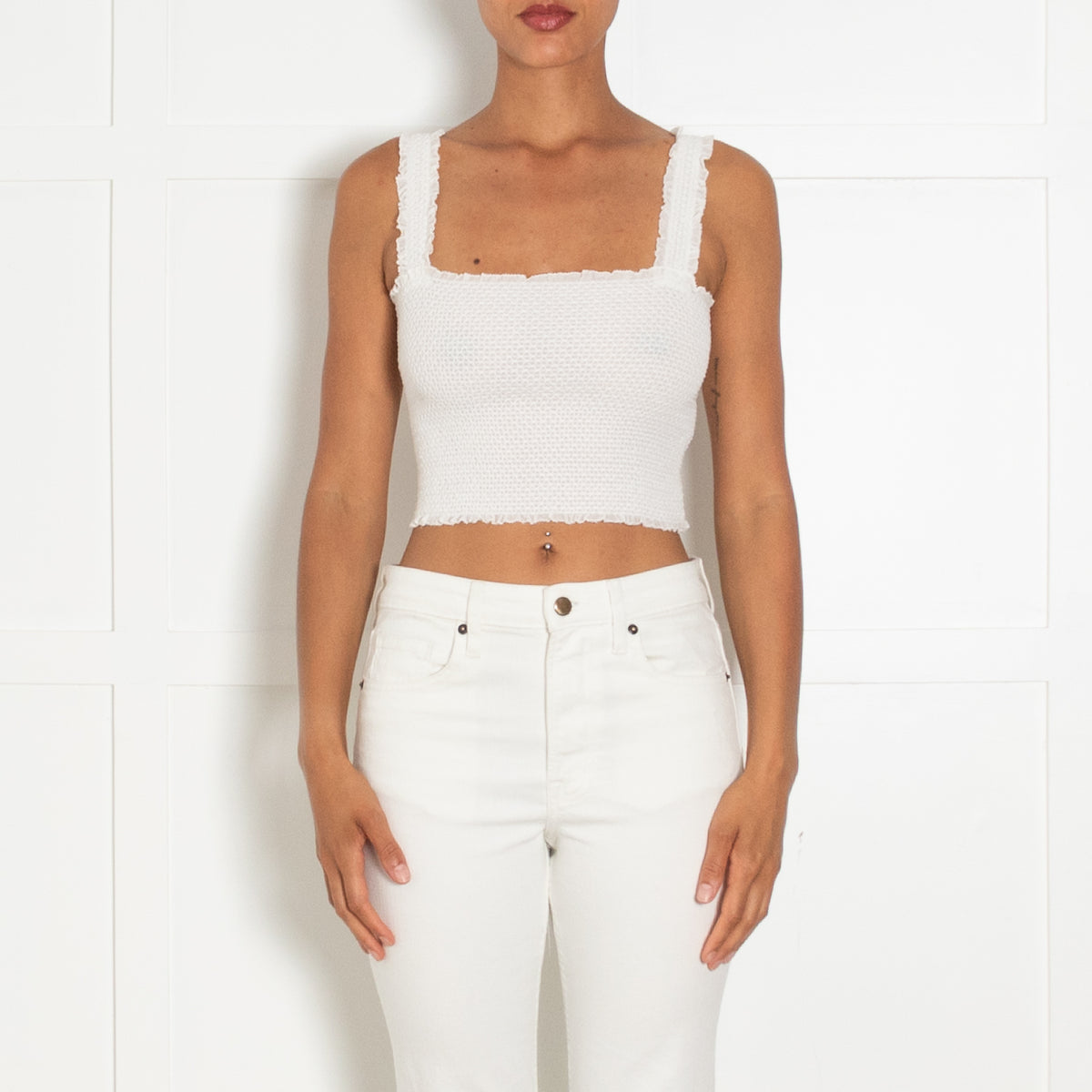 Alice + Olivia White Shirred Cropped Square Top With Zip