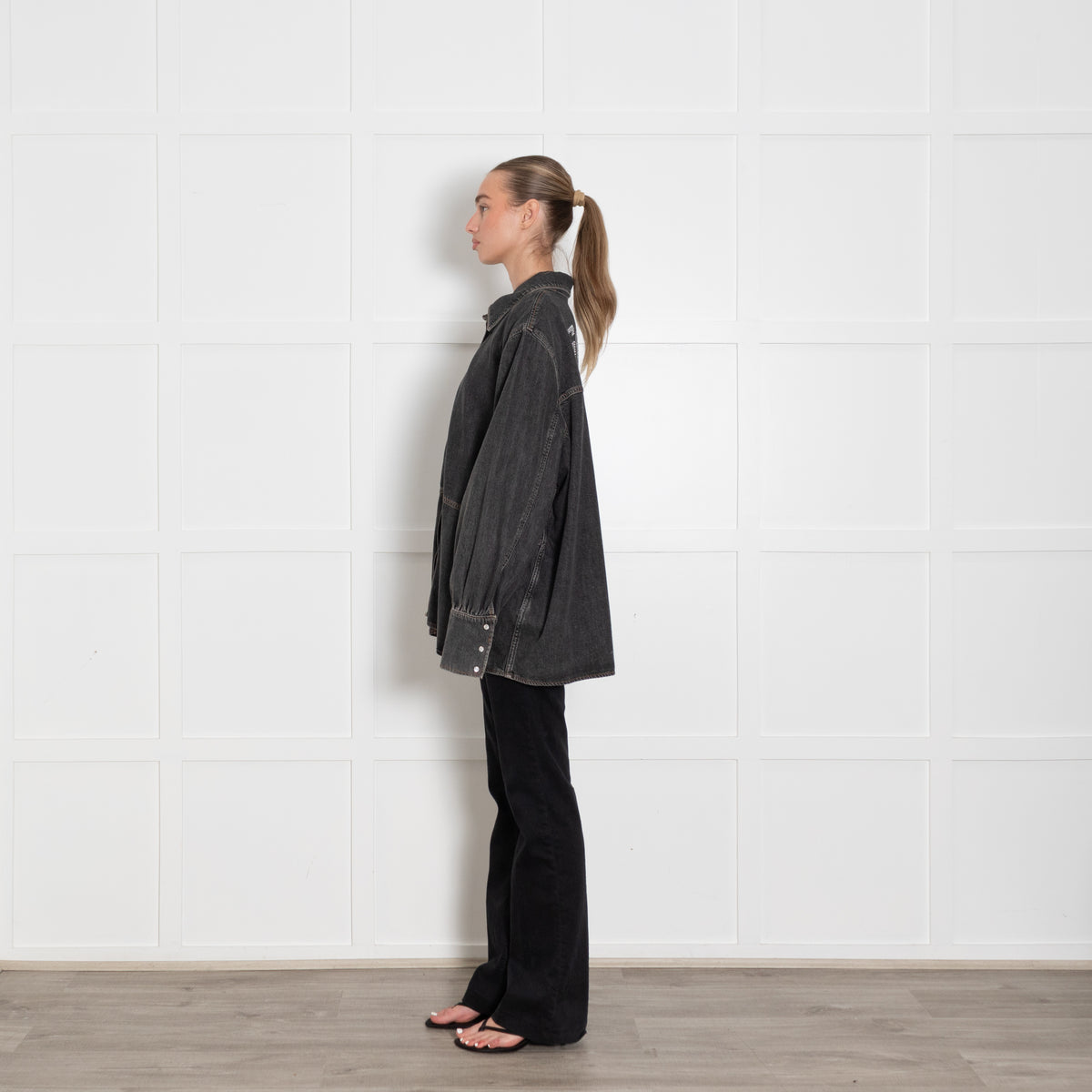 Ganni Grey Oversized Shirt With Pearl Buttons