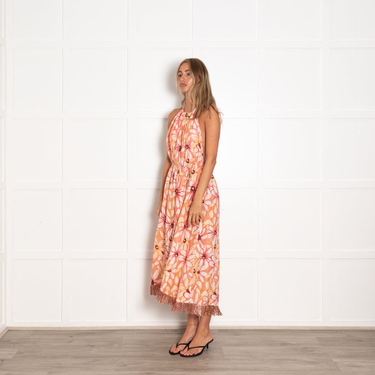 Sundress Pink Large Flower Print Linen Halter Dress with Beaded Tassels