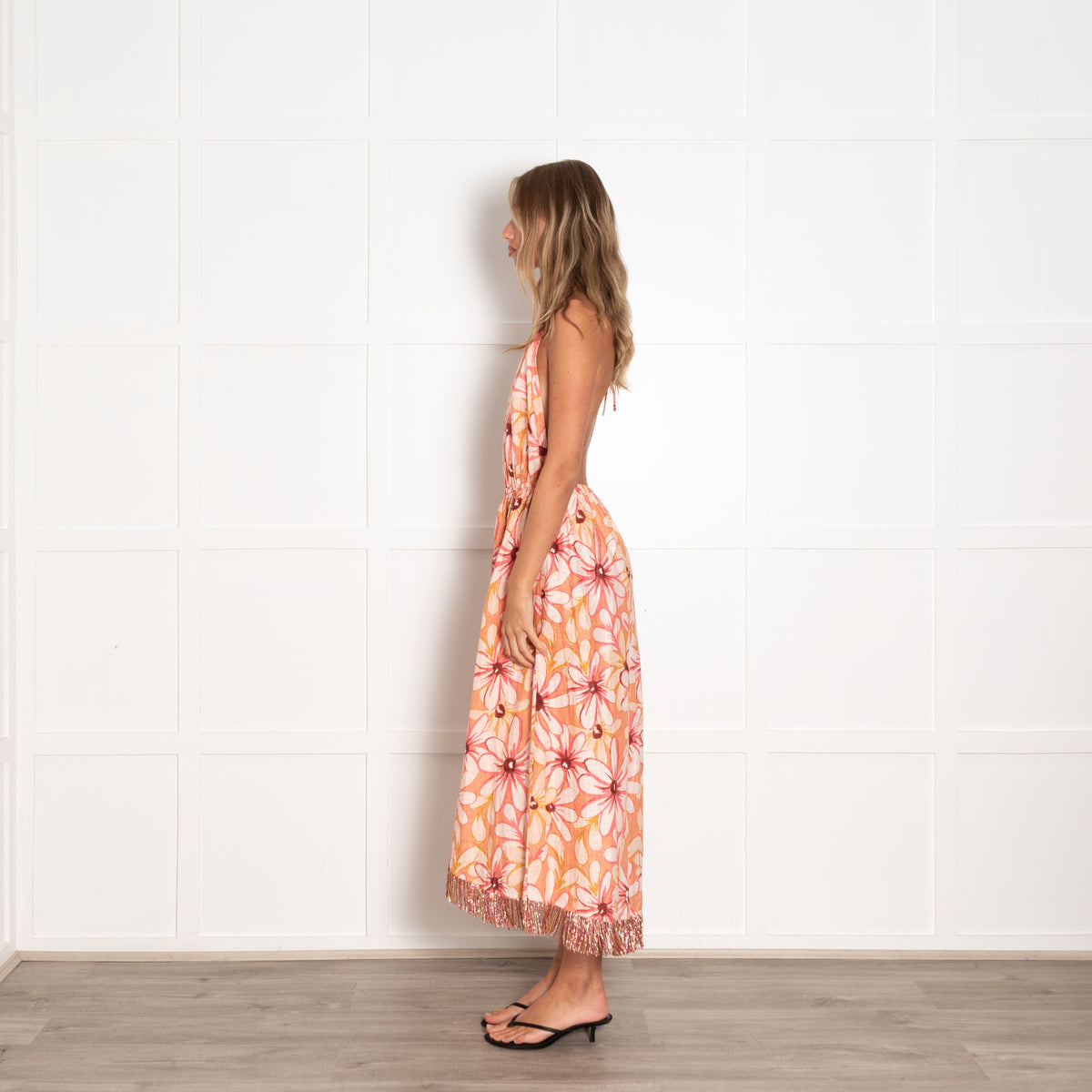Sundress Pink Large Flower Print Linen Halter Dress with Beaded Tassels