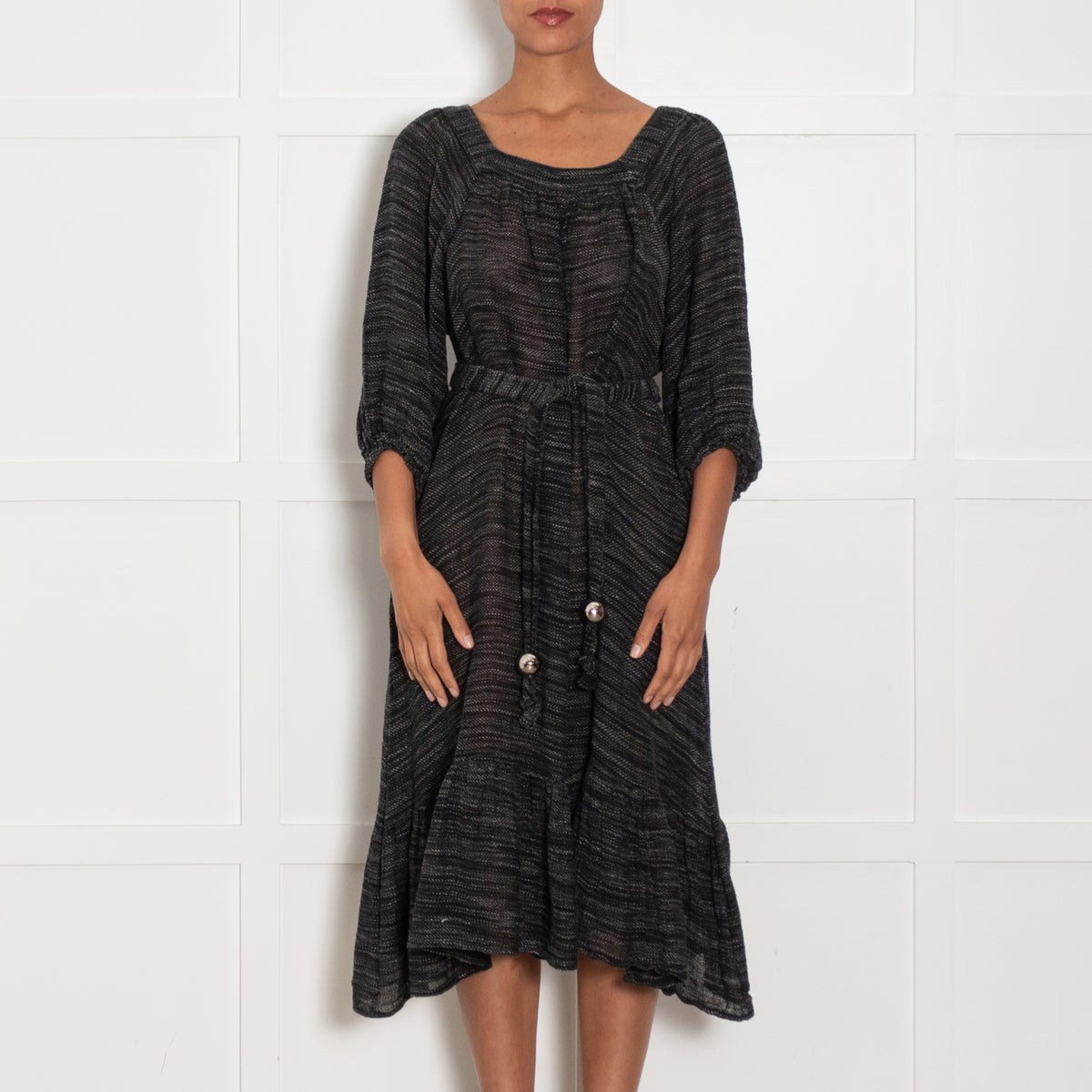 Lisa Marie Fernandez Black White Open Weave Linen Midi Dress