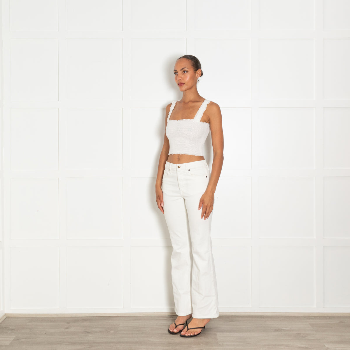 Alice + Olivia White Shirred Cropped Square Top With Zip