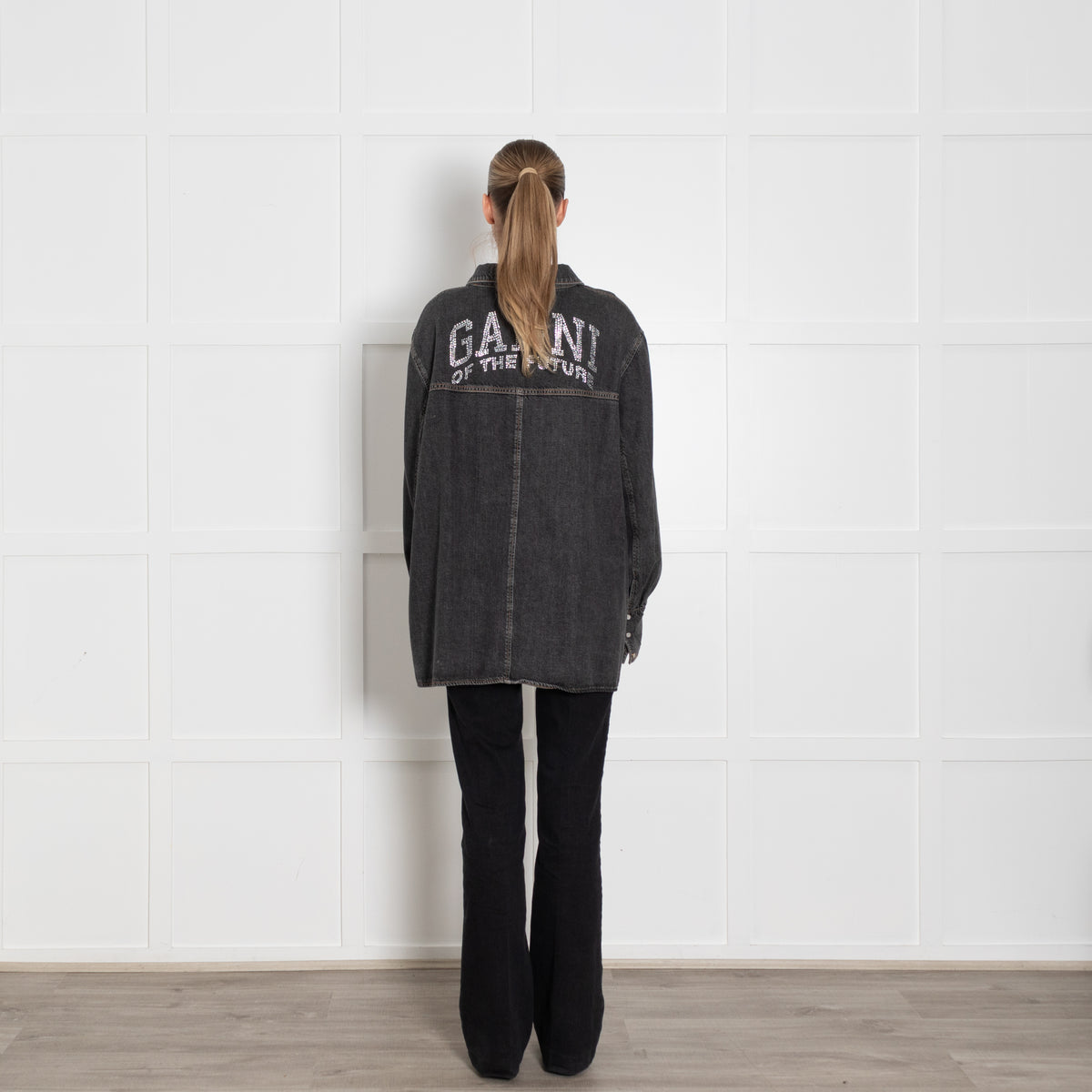 Ganni Grey Oversized Shirt With Pearl Buttons