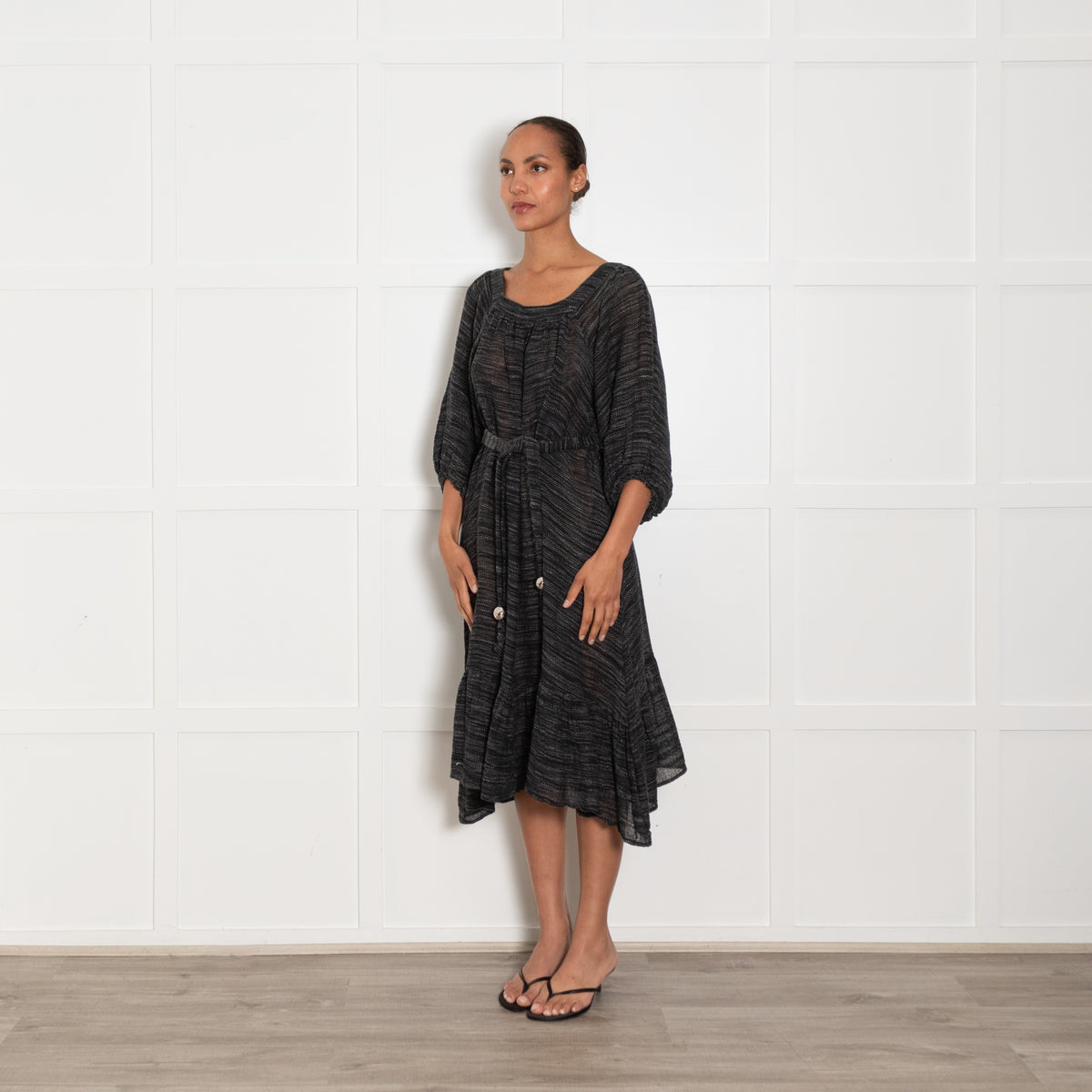 Lisa Marie Fernandez Black White Open Weave Linen Midi Dress