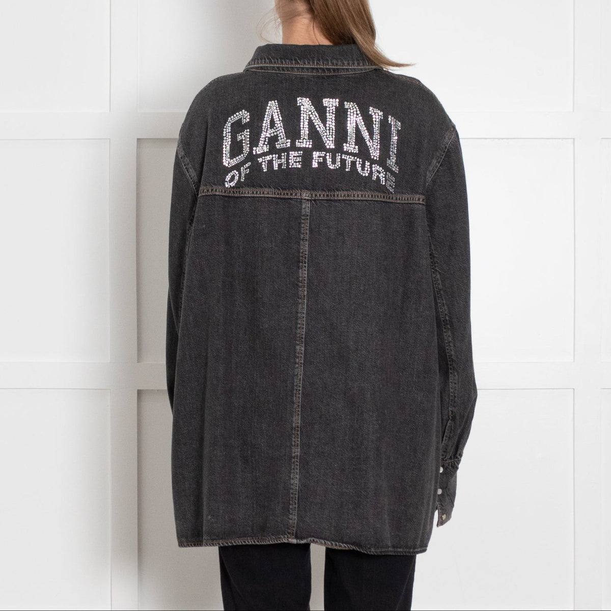 Ganni Grey Oversized Shirt With Pearl Buttons