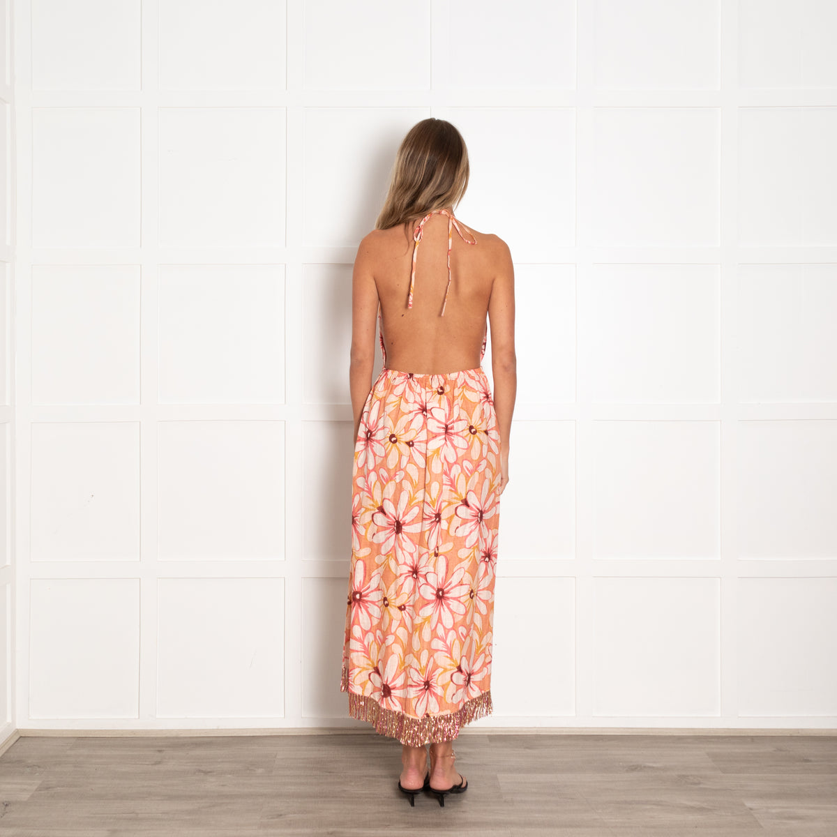 Sundress Pink Large Flower Print Linen Halter Dress with Beaded Tassels