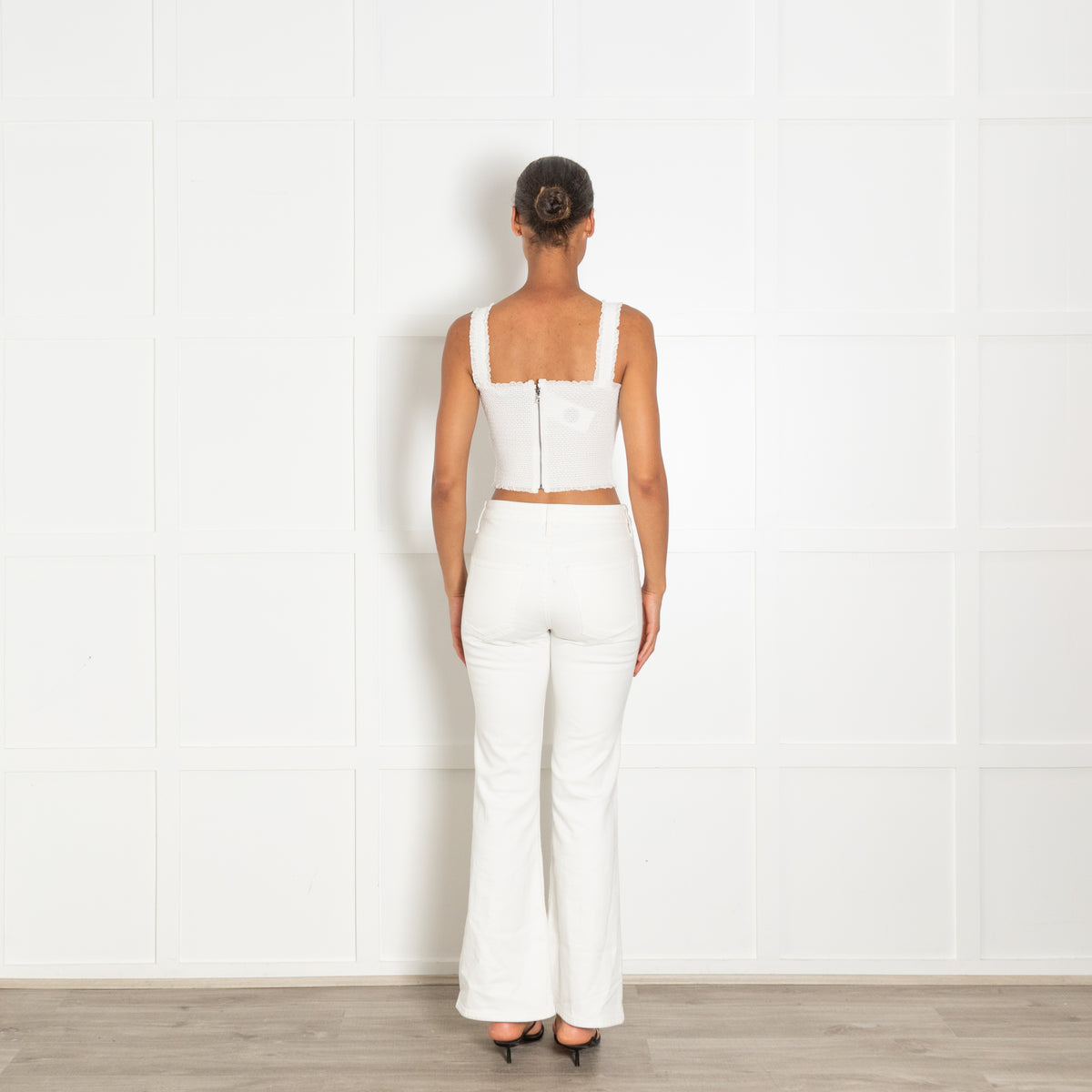 Alice + Olivia White Shirred Cropped Square Top With Zip