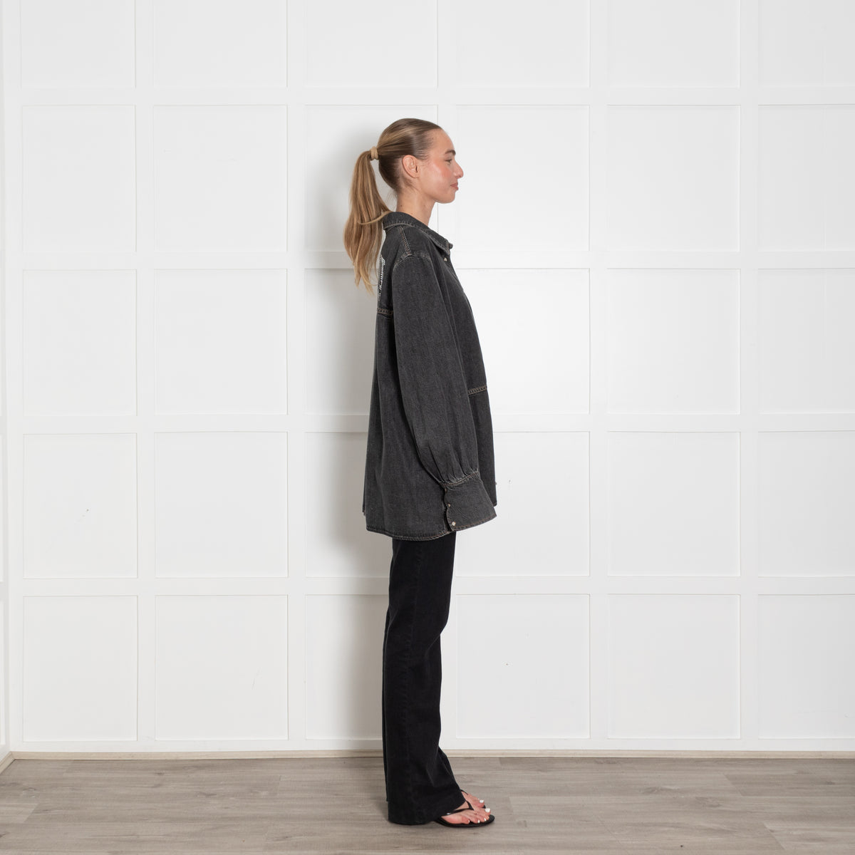 Ganni Grey Oversized Shirt With Pearl Buttons