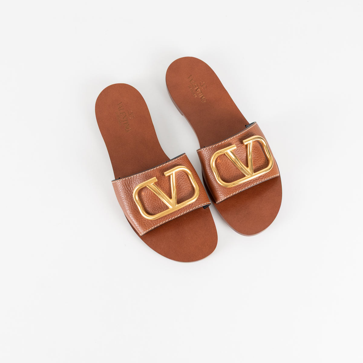 Valentino Garavani Tan V Logo Gold Slides