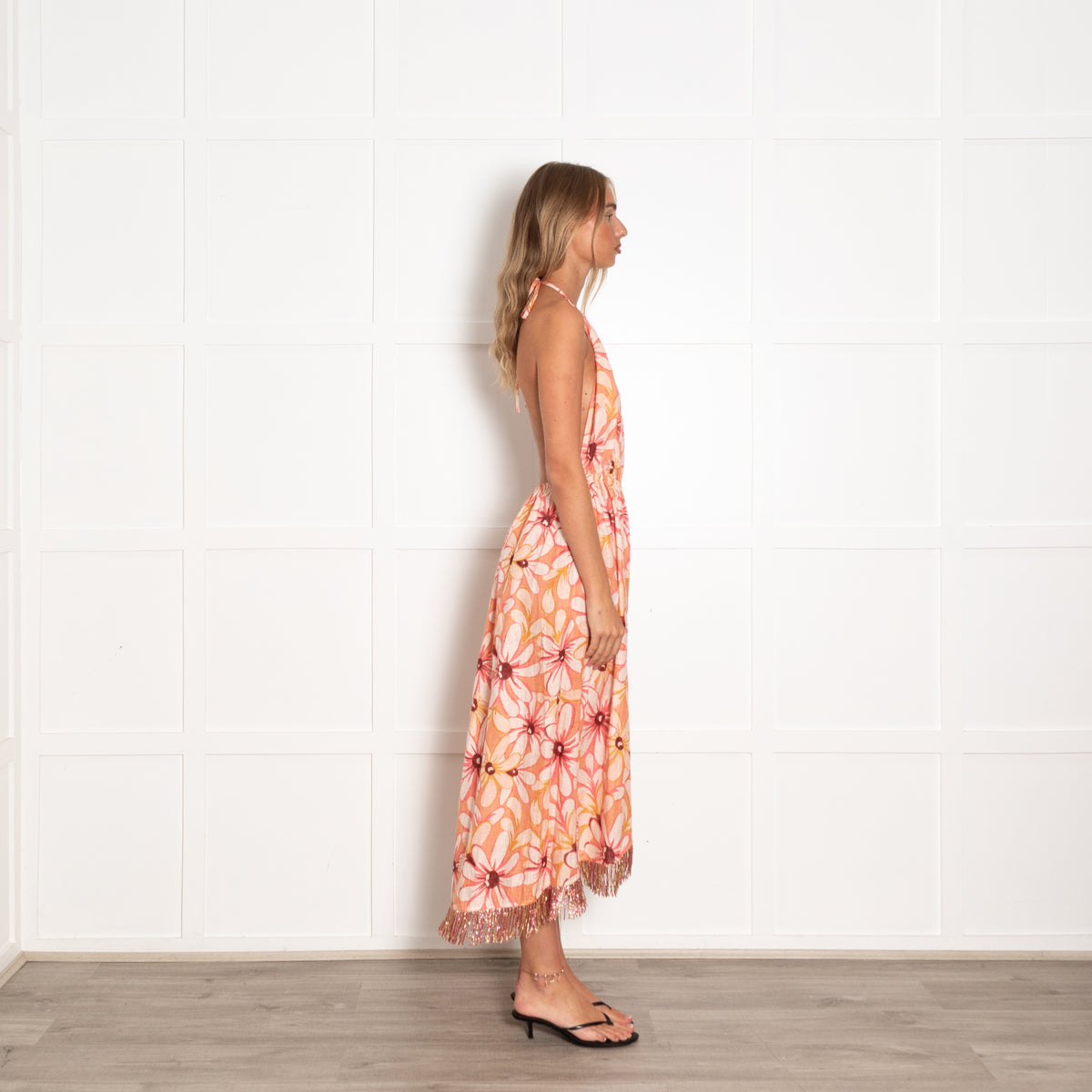 Sundress Pink Large Flower Print Linen Halter Dress with Beaded Tassels