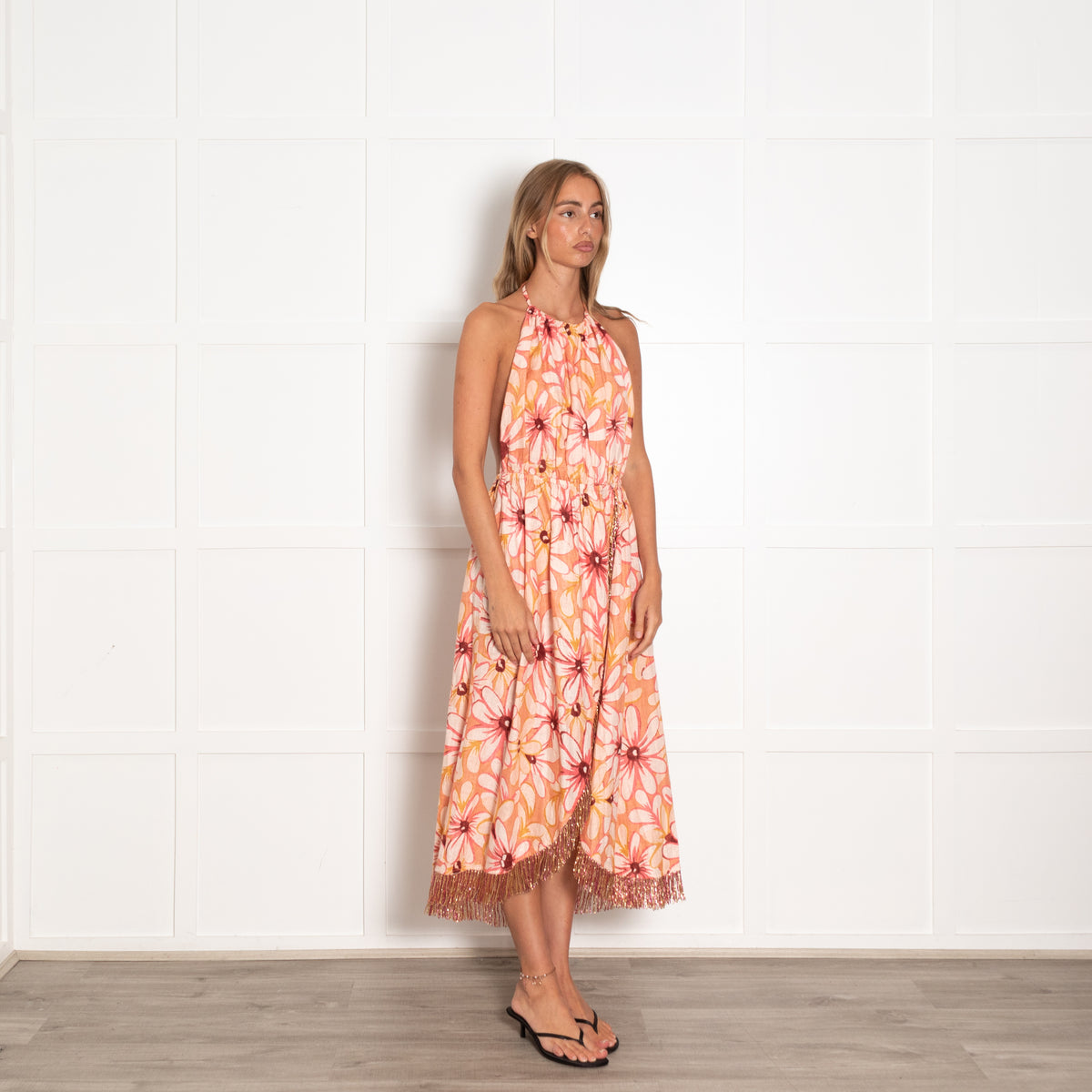 Sundress Pink Large Flower Print Linen Halter Dress with Beaded Tassels
