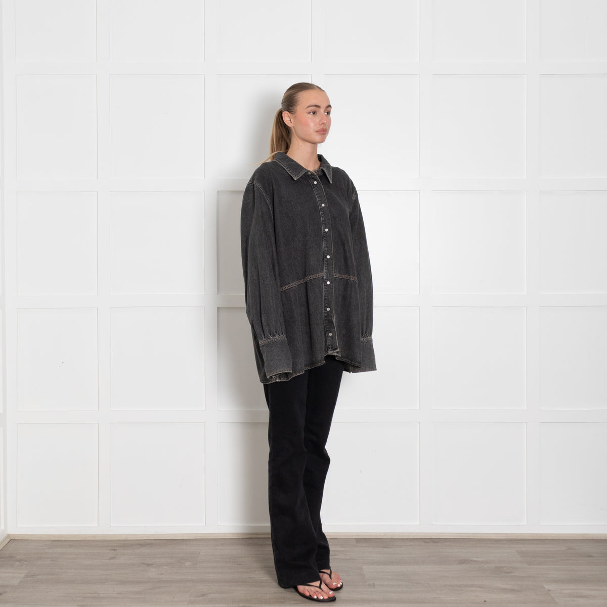Ganni Grey Oversized Shirt With Pearl Buttons