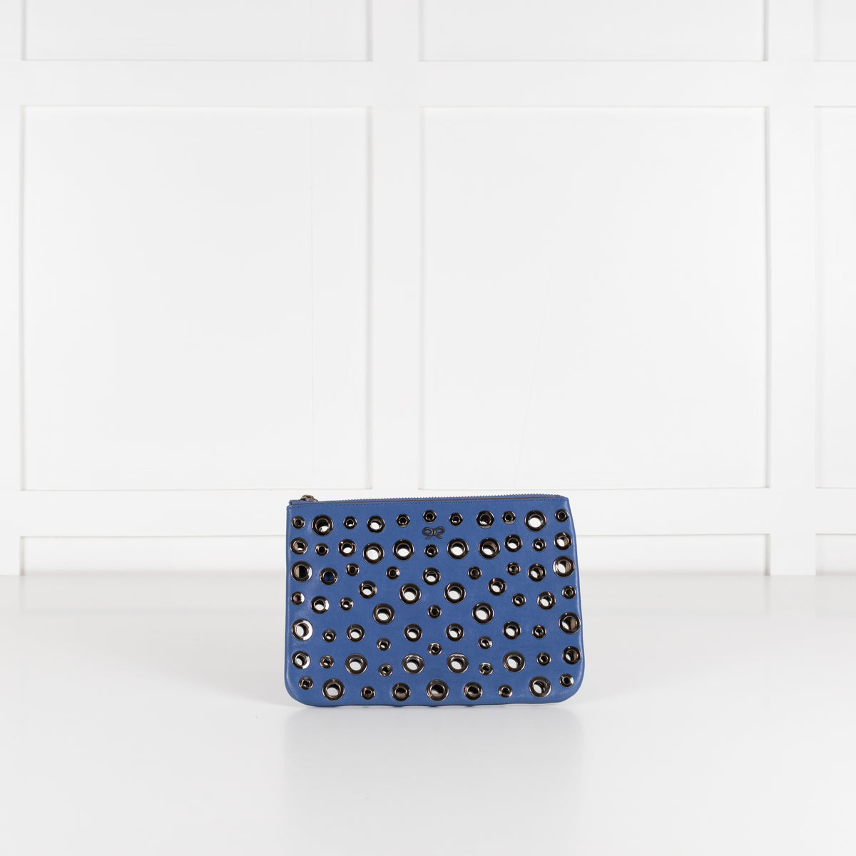 Anya Hindmarch Bright Blue Clutch with Gunmetal Eyelet Detailing