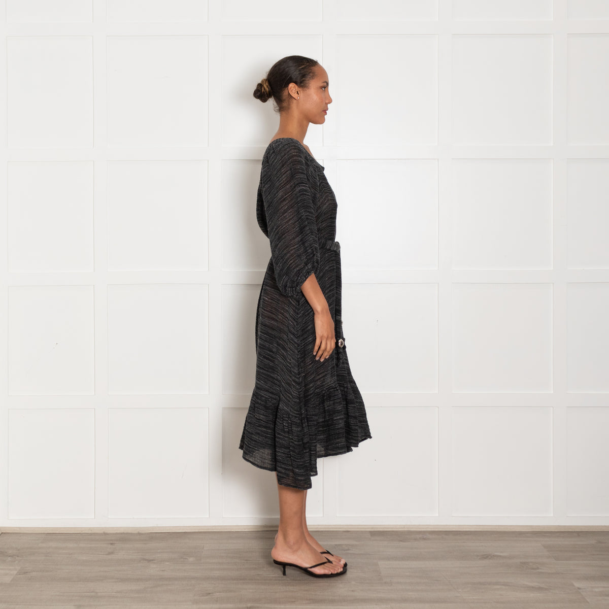 Lisa Marie Fernandez Black White Open Weave Linen Midi Dress