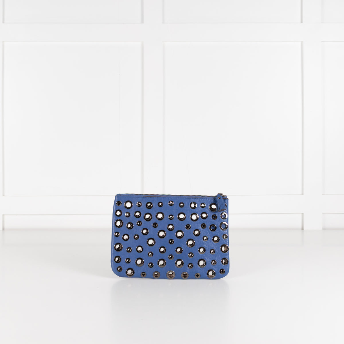 Anya Hindmarch Bright Blue Clutch with Gunmetal Eyelet Detailing