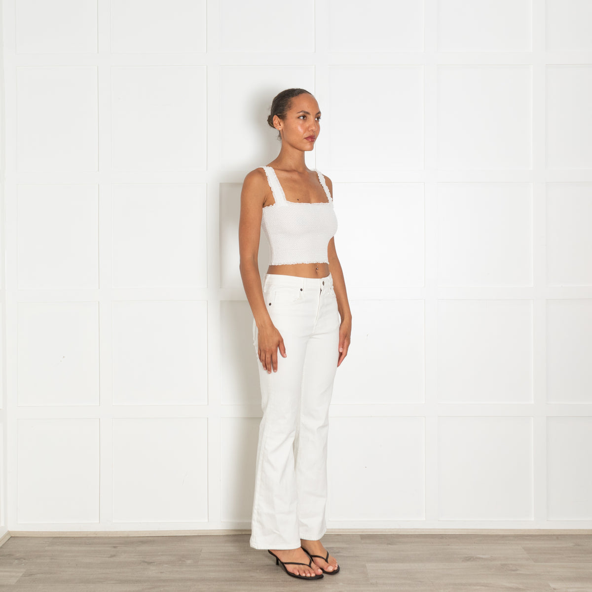 Alice + Olivia White Shirred Cropped Square Top With Zip